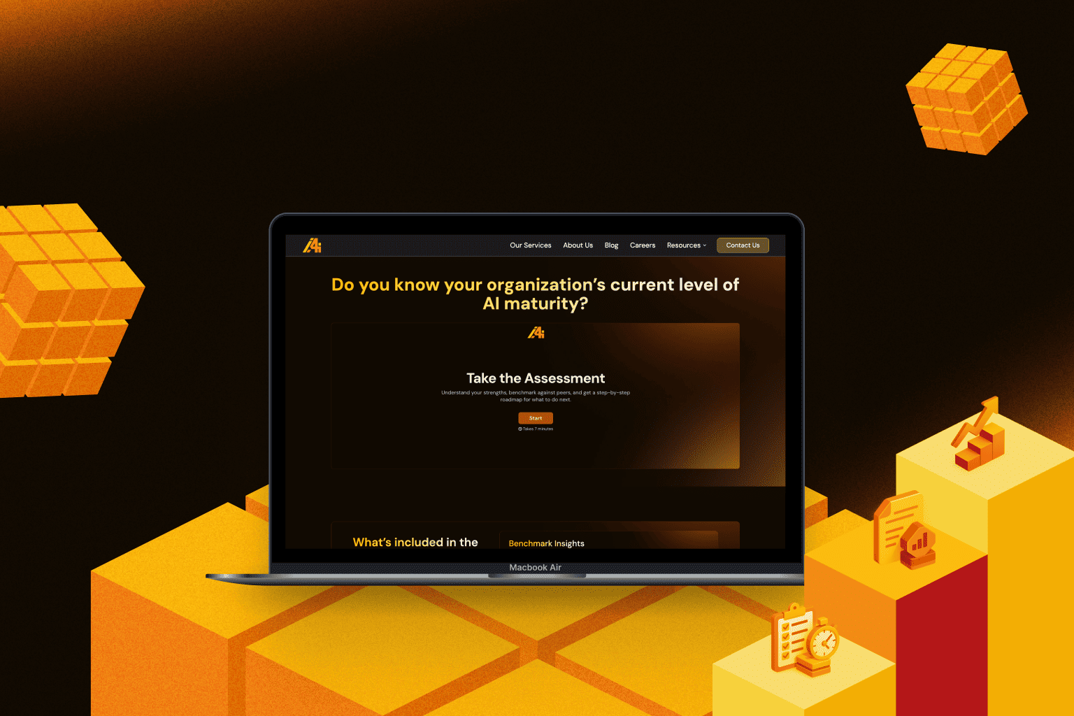 Laptop showing an AI-maturity assessment page in dark-gold theme, placed above stacked yellow-orange blocks with 3D icons and floating cubes — corporate AI hero image.