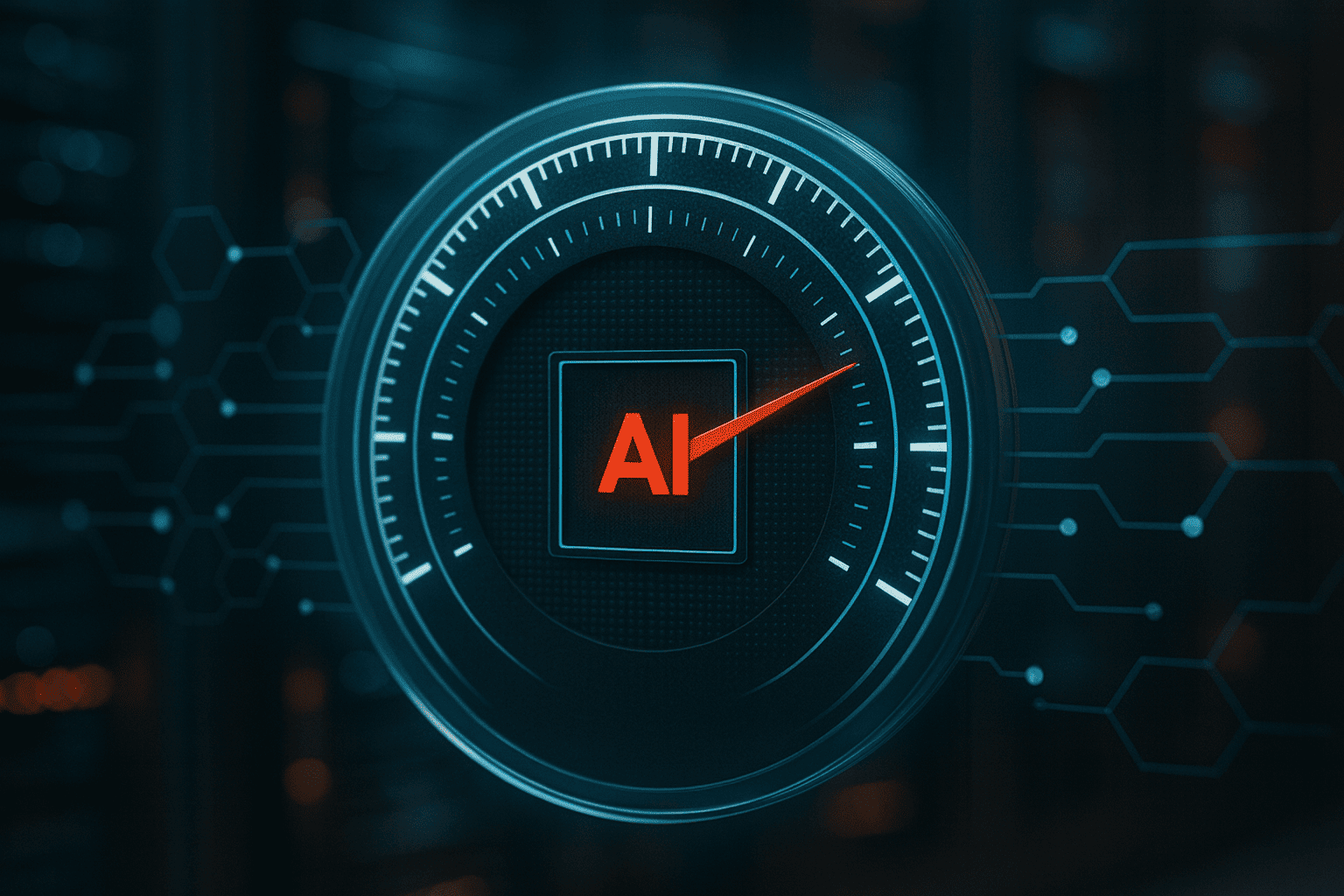Futuristic circular gauge with bold red "AI" at its center and a red needle pointing right; blue holographic dial, circuit/hex overlays, and blurred server-room lights in the background.