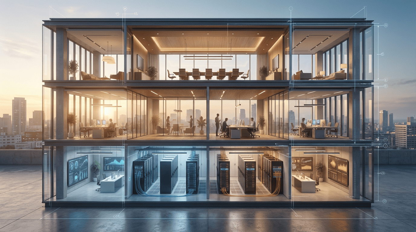 Cross-section of a modern office tower at sunrise showing two upper floors with meeting rooms and workspaces and a lower-level data center with server racks and monitoring consoles.