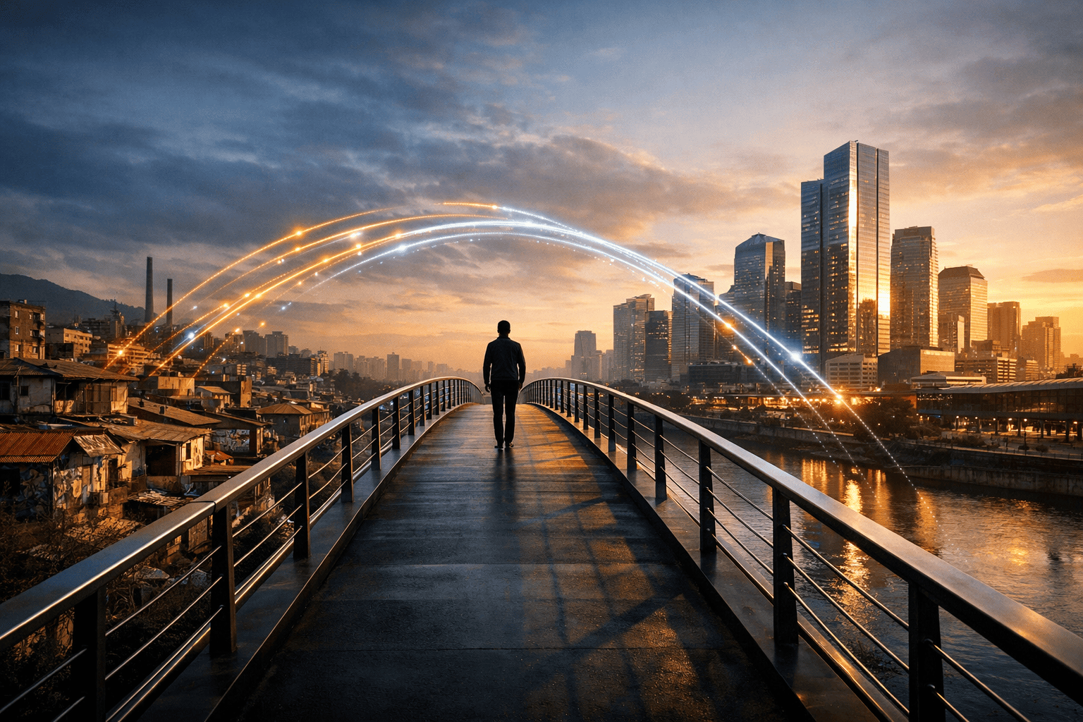 Silhouetted figure walks alone across a curved pedestrian bridge at sunrise, connecting a riverside slum to a modern skyline with glowing data-arcs spanning between them.