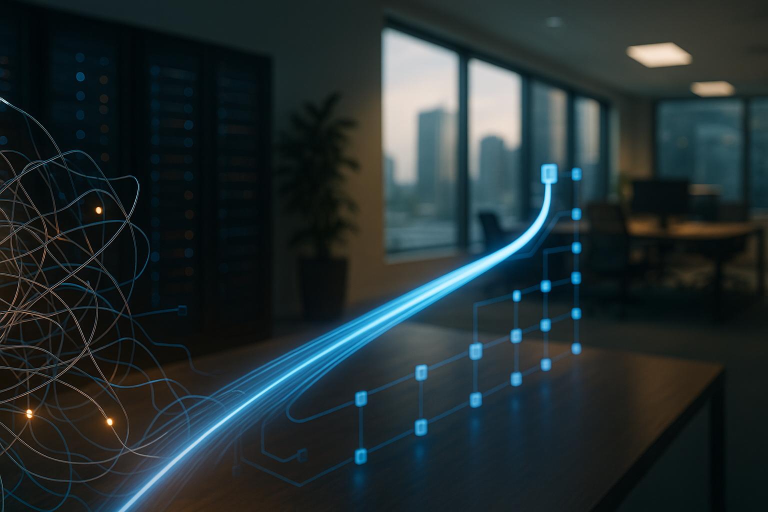 A tangled network of digital pathways being streamlined by a central glowing data flow, symbolizing iForAI's practical AI implementation and overcoming 'slideware'.