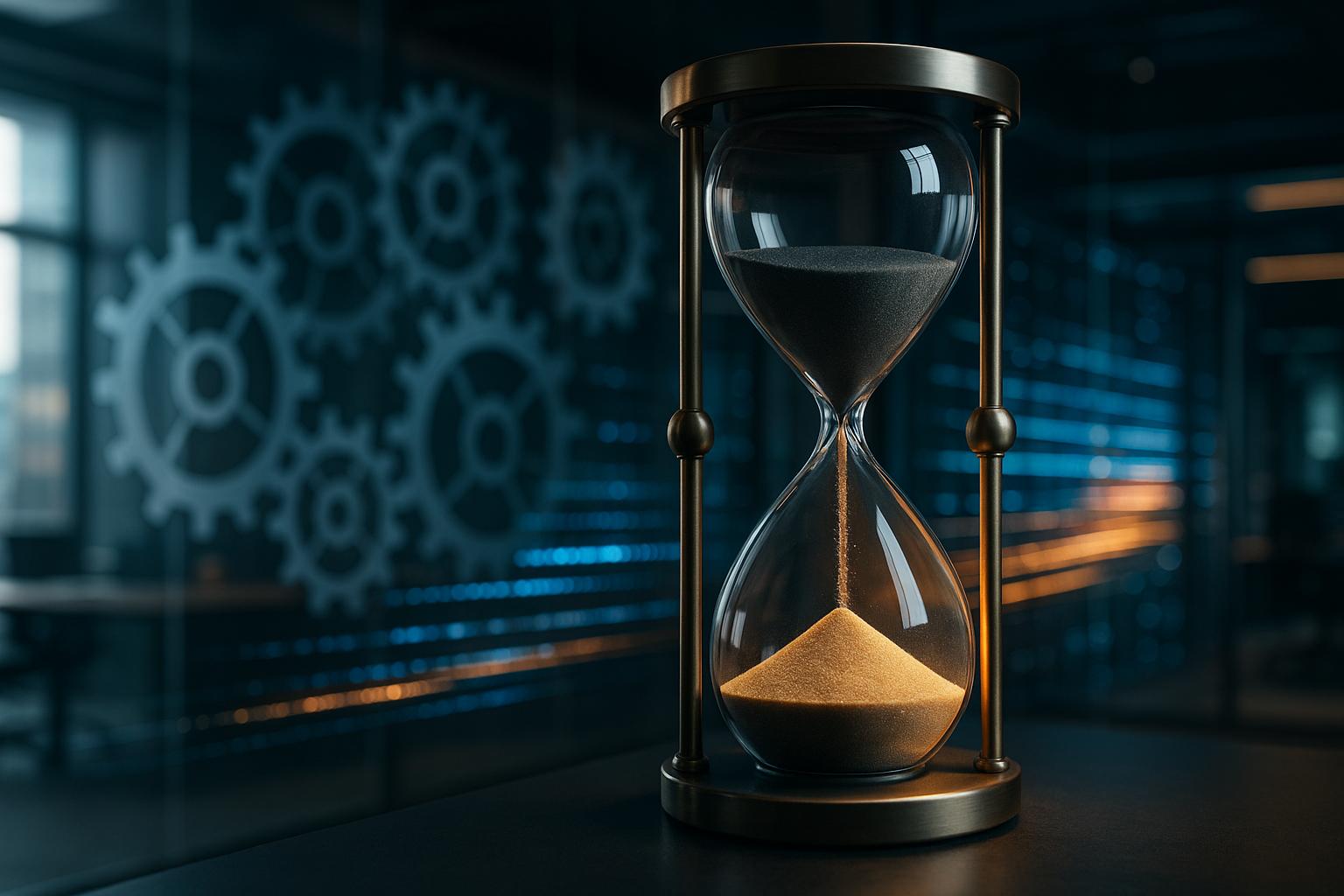 Digital hourglass showing slow and fast sand flow, symbolizing contrasting speeds in AI talent strategy and iForAI's rapid execution for business transformation.