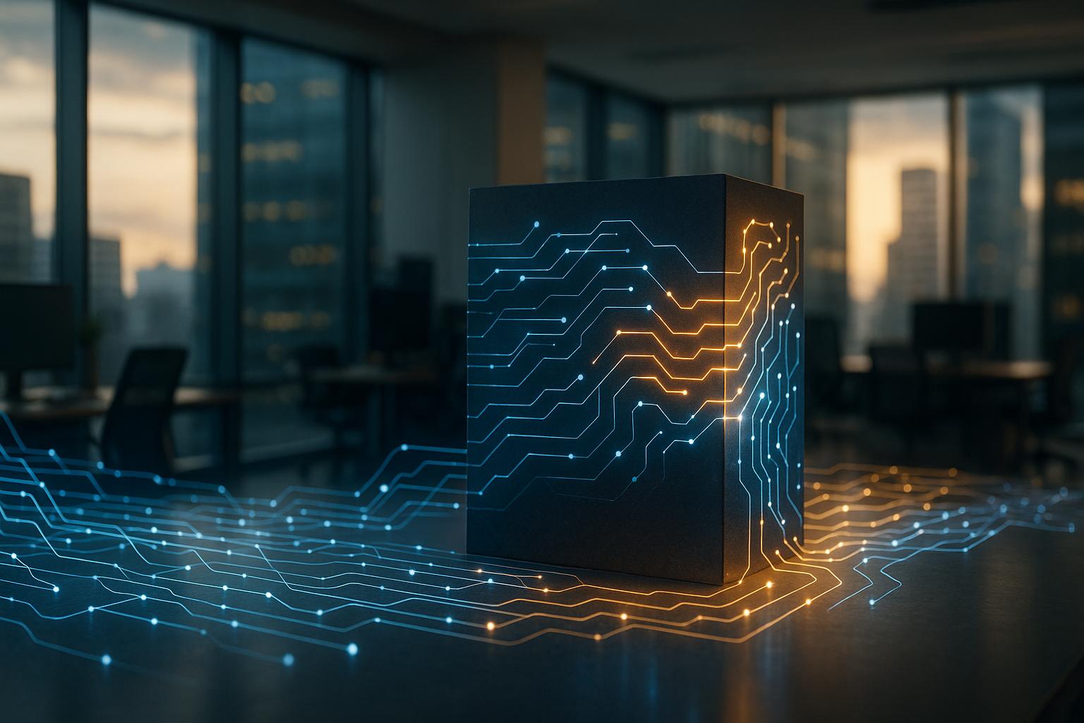 A glowing digital network integrating a solid barrier into a flowing ethical framework, illustrating iForAI's approach to operationalizing AI ethics in enterprise.