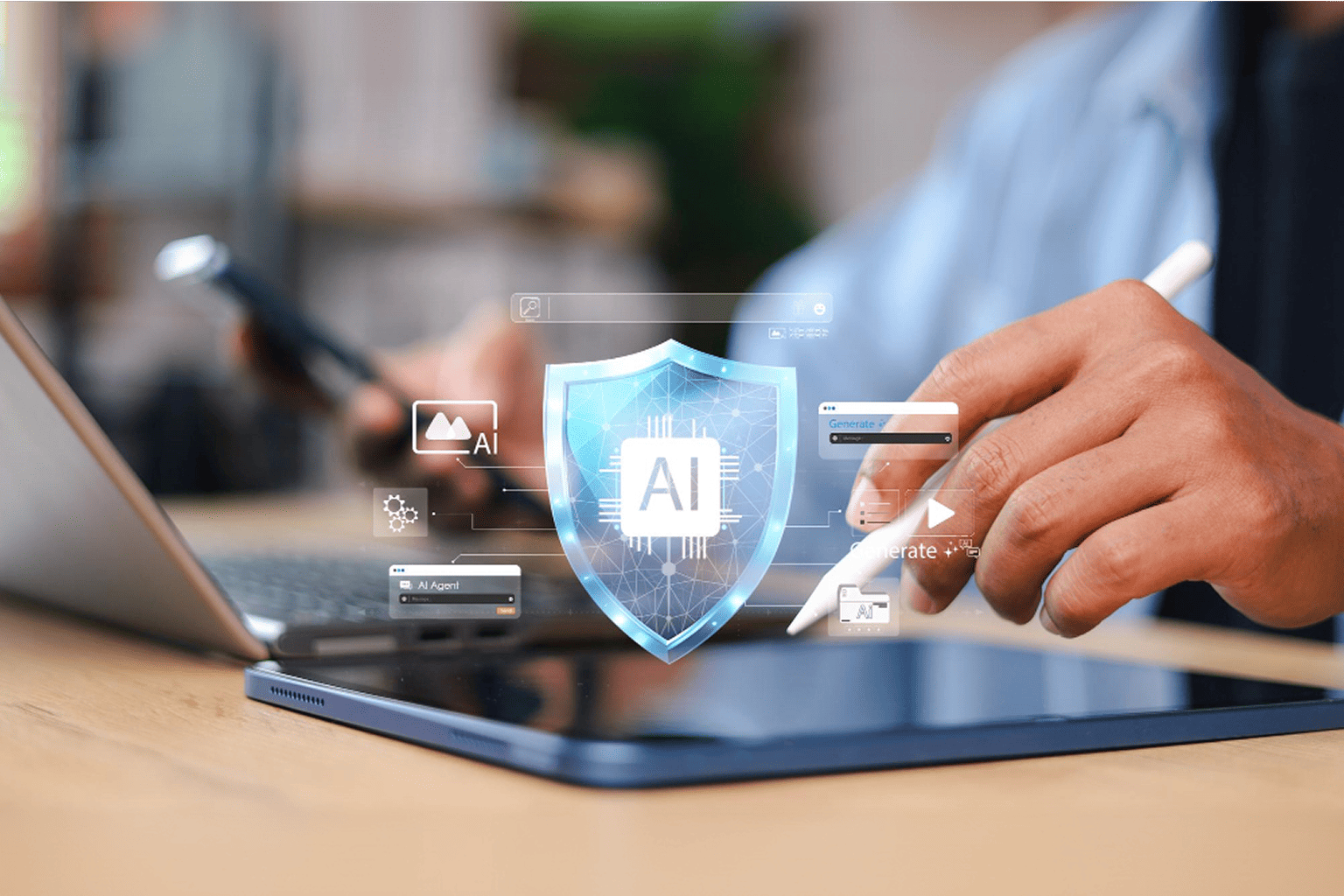  A person using a stylus on a tablet with a holographic AI security shield and digital interface elements floating above the device, representing artificial intelligence protection and smart technology