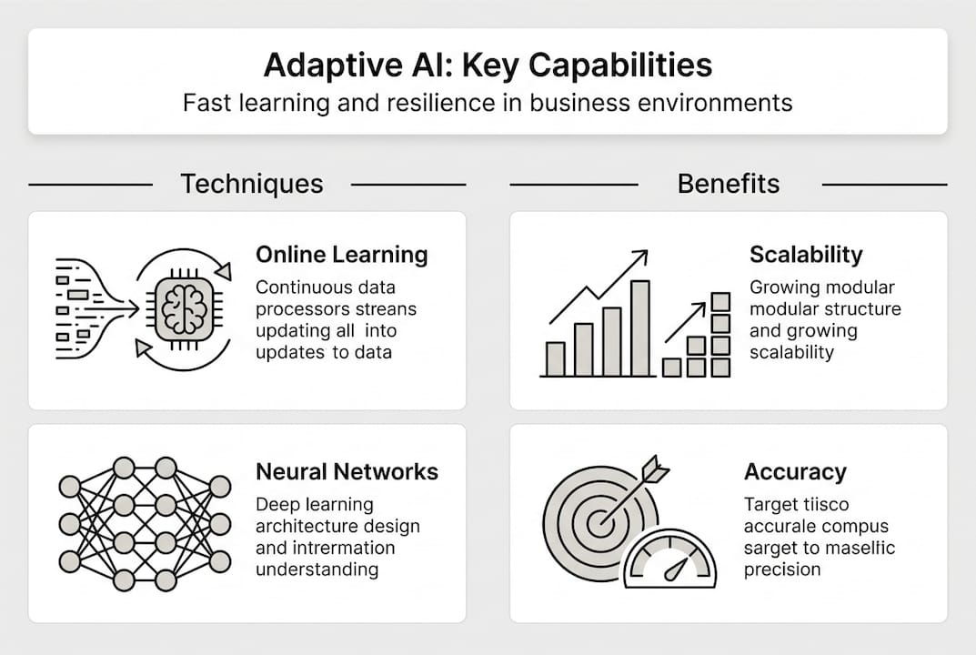 Light-themed infographic titled "Adaptive AI: Key Capabilities — Fast learning and resilience in business environments" divided into two sections: Techniques covering Online Learning and Neural Networks with corresponding icons, and Benefits covering Scalability and Accuracy, each illustrated with descriptive text and visual symbols.
