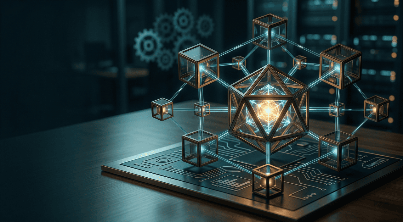 Futuristic 3D rendered illustration of a glowing geometric neural network structure placed on a circuit board platform, featuring a central illuminated icosahedron connected by teal light beams to surrounding transparent cubic nodes, set against a dark blue background with gear icons symbolizing AI system architecture.