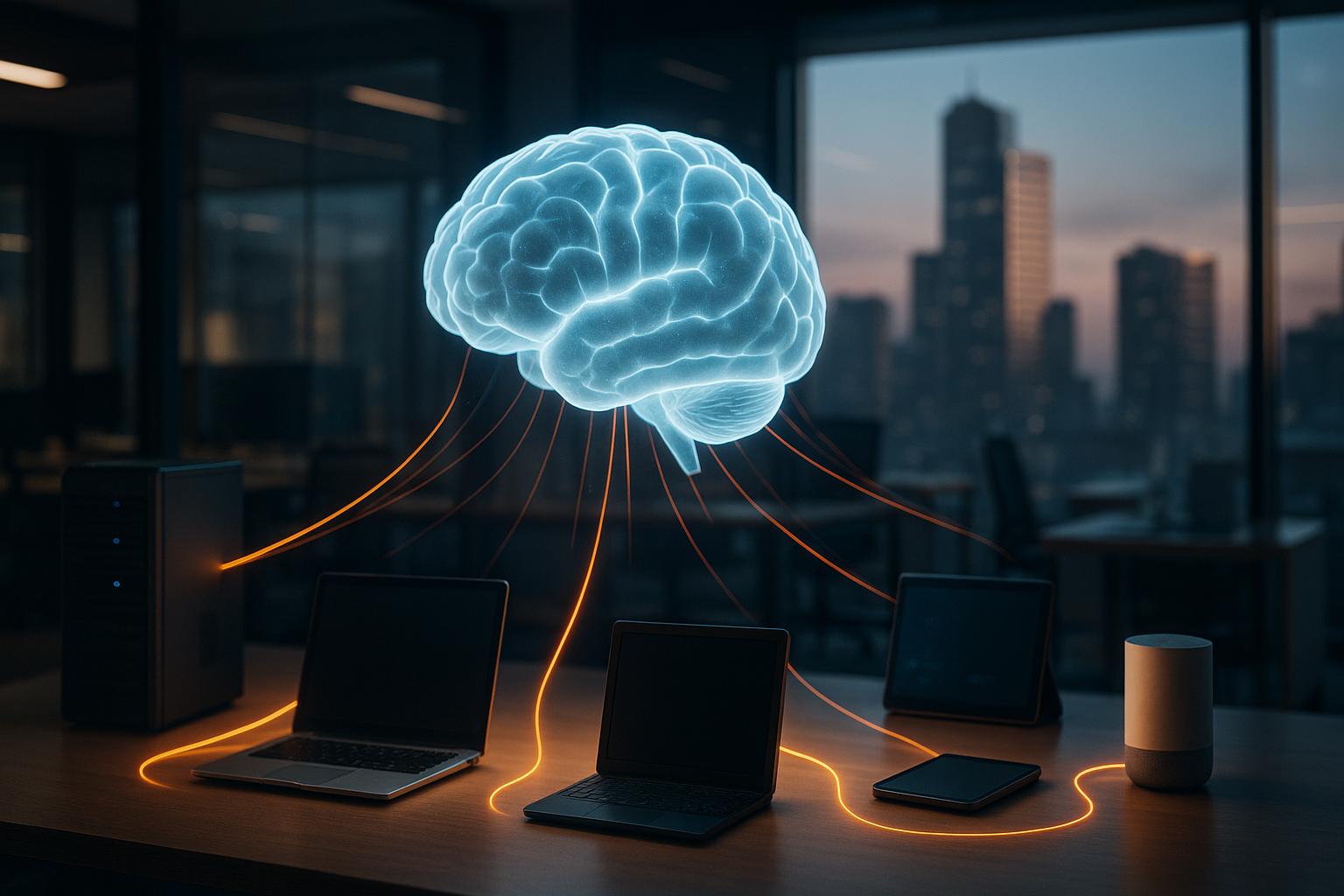 A network of glowing nodes, some isolated and dim, others brightly integrated into a secure hub, illustrating iForAI's approach to structured AI integration.