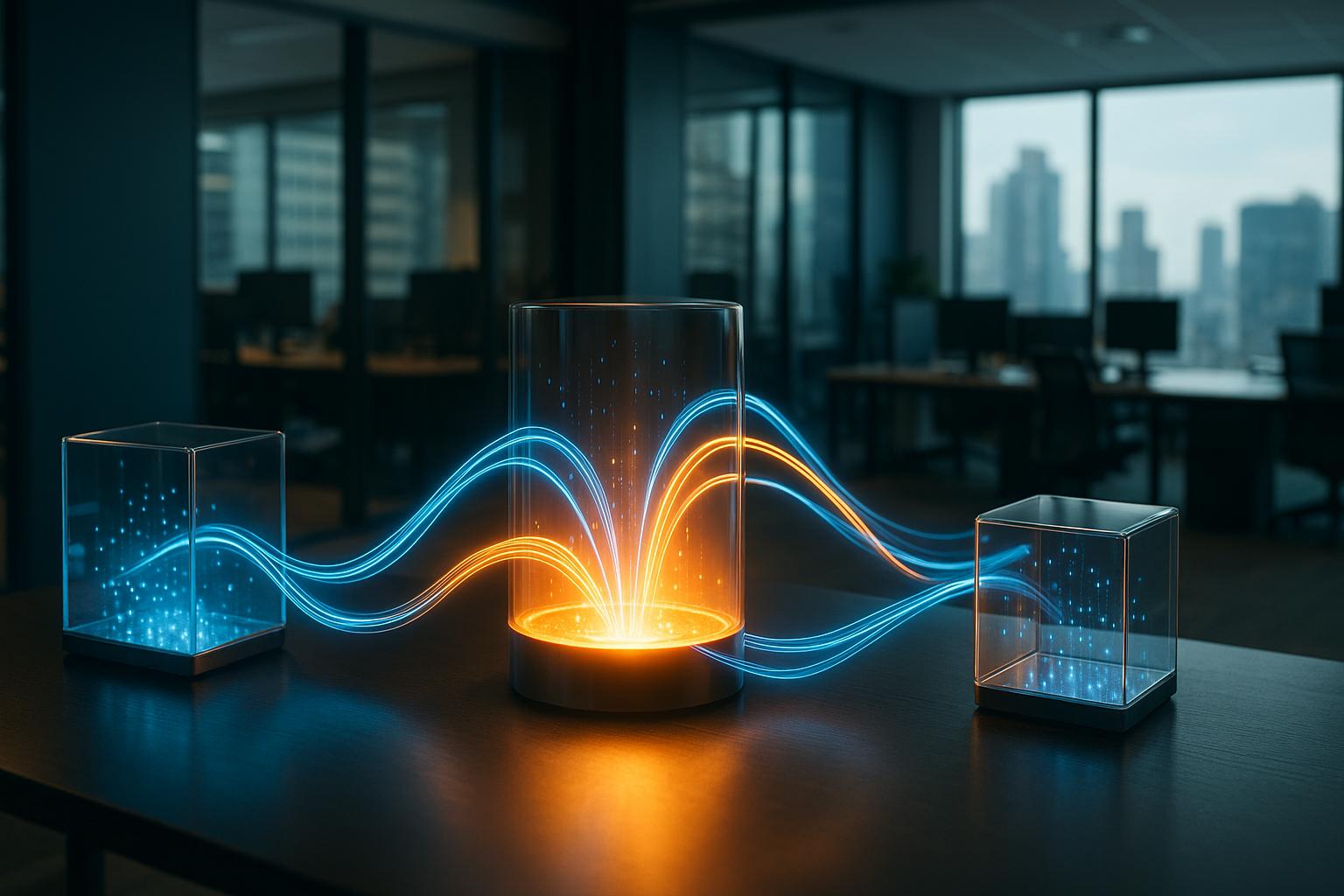 Interconnected data streams flowing between isolated geometric containers, converging into a unified hub, illustrating iForAI's solution to data silos.