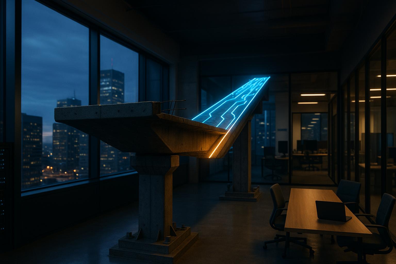 גשר דיגיטלי, לא גמור, המגיע לקיצו בפתאומיות, עם נתיב זוהר ומשולב המשתרע מעבר לו, המסמל כיצד iForAI מתגברת על פרויקטי פיילוט תקועים של בינה מלאכותית.