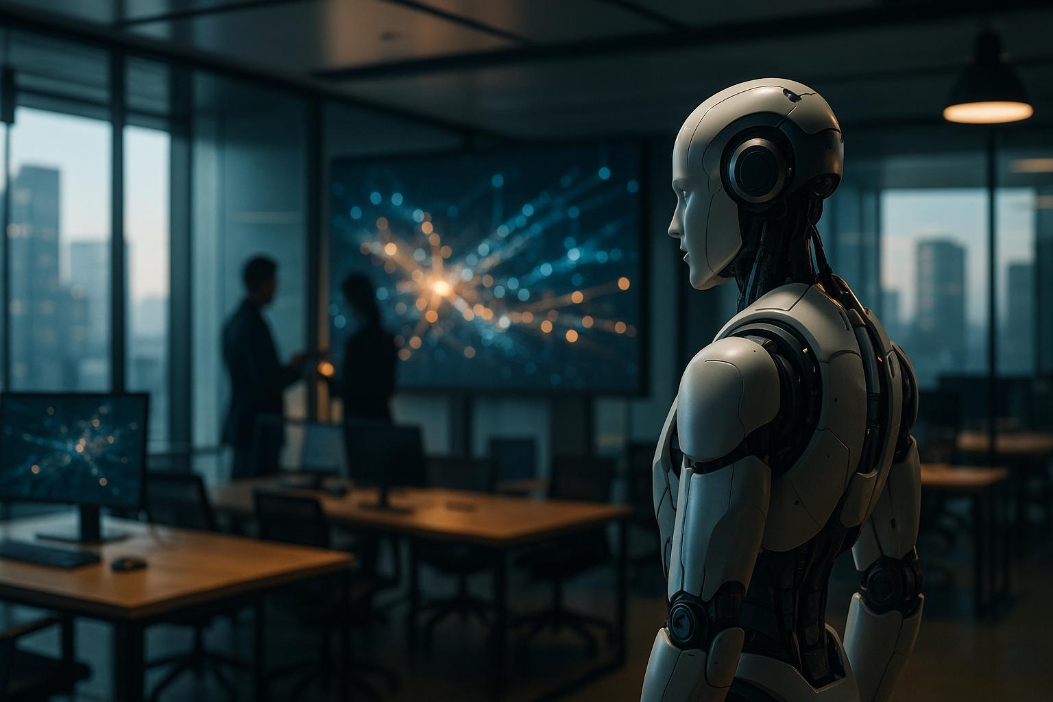 A clear, illuminated pathway of geometric shapes bridging a chasm between an 'idea cloud' and a 'solid outcome block', symbolizing iForAI's practical AI implementation.