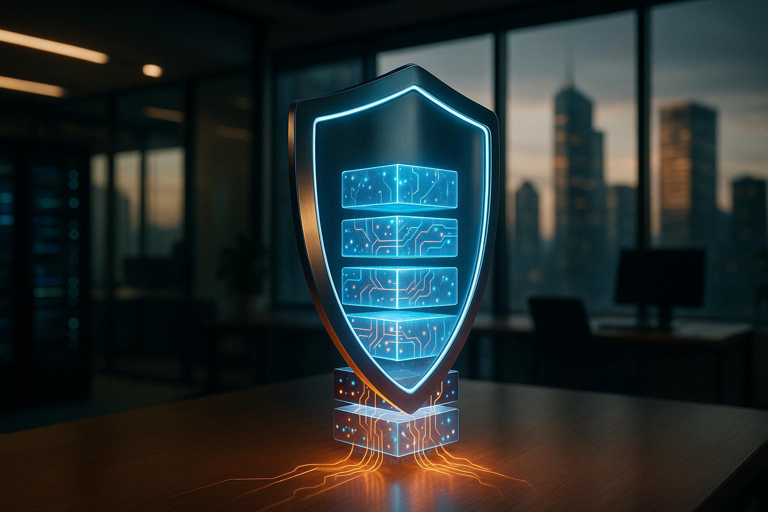 מגן דיגיטלי המגן על ערימה של קוביות נתונים זוהרות עם זרימת אנרגיה מבוקרת, המסמל את ארכיטקטורת ה-AI הארגונית המאובטחת והבת-קיימא של iForAI.