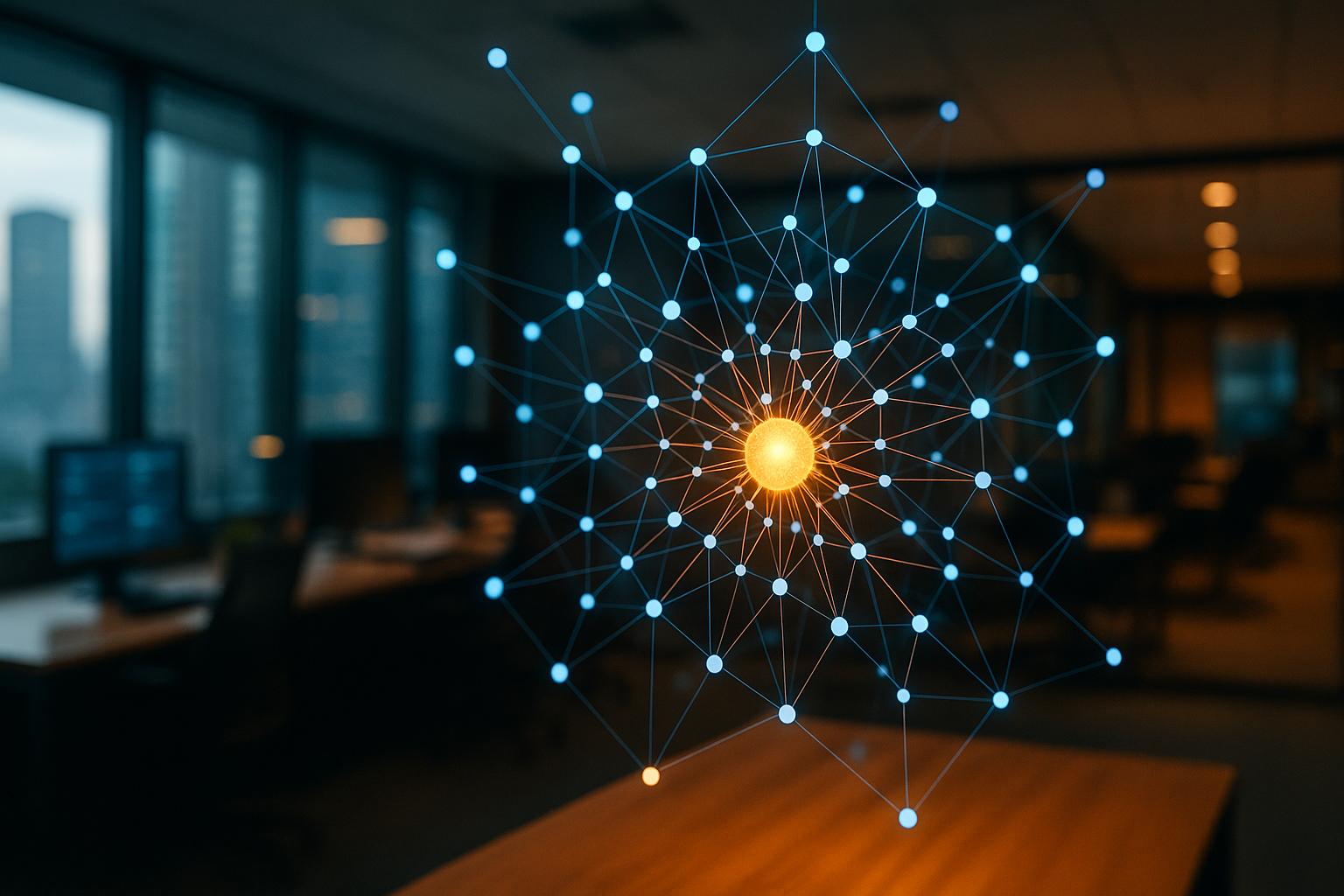 A glowing network of interconnected data nodes, symbolizing robust data observability and resilient AI systems for enterprise transformation by iForAI.