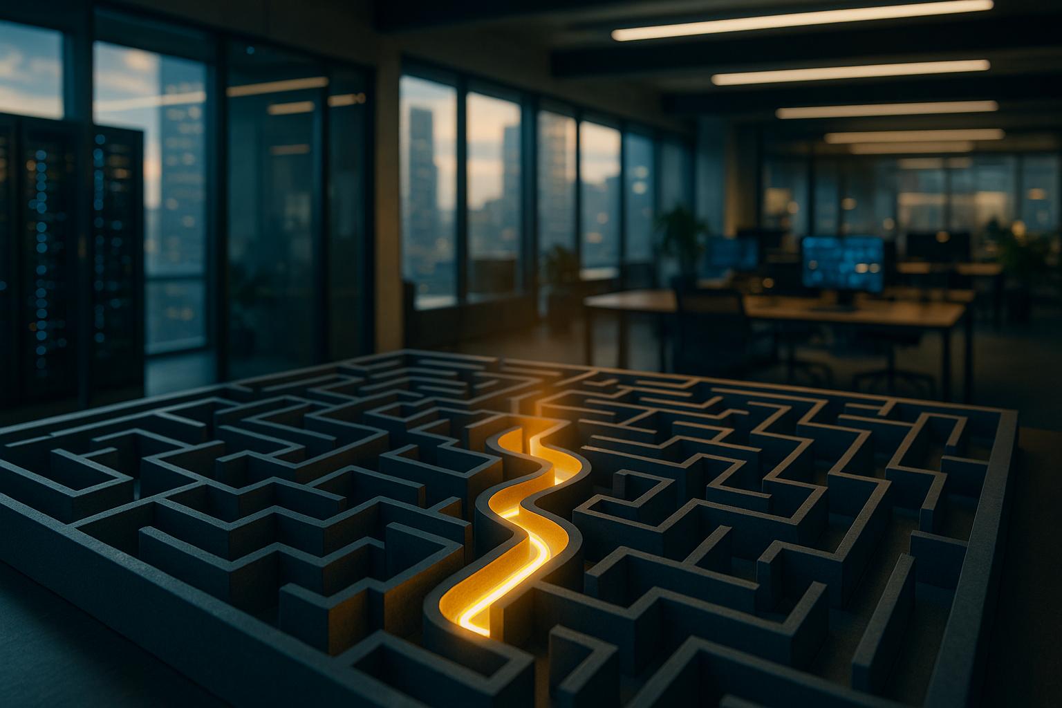 A glowing path emerging from a complex digital labyrinth, symbolizing iForAI's solutions for navigating intricate AI implementation challenges and achieving ROI.