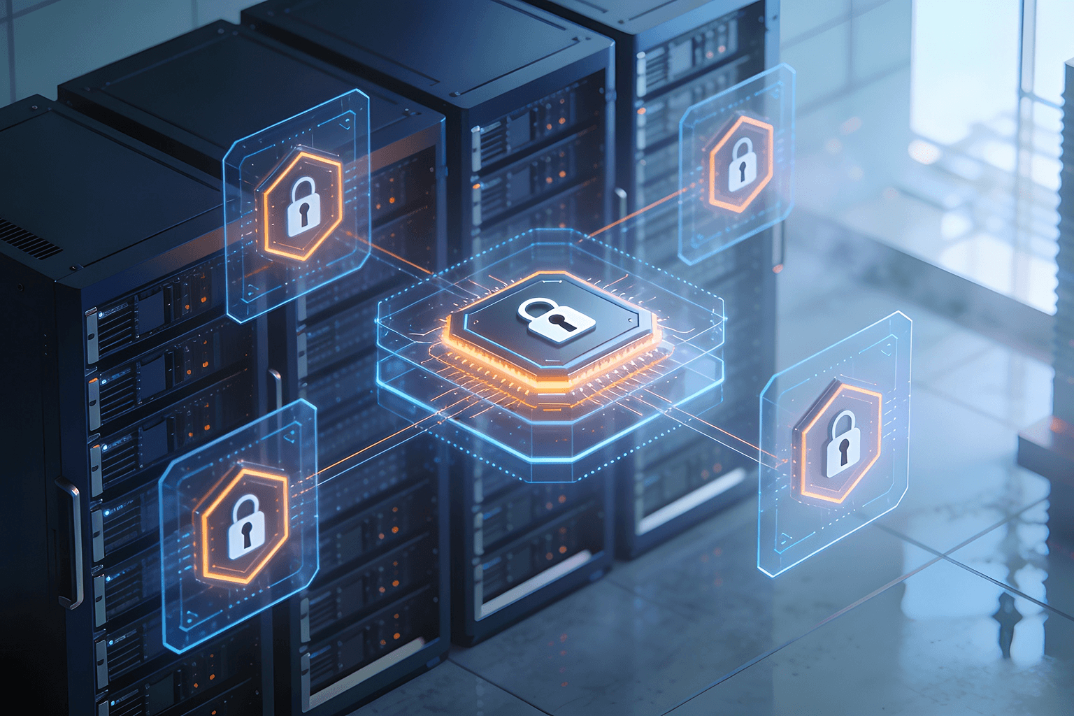 Isometric illustration of a Linux server rack with glowing holographic padlock icons connected by circuit lines, representing AI governance and least-privilege security controls.