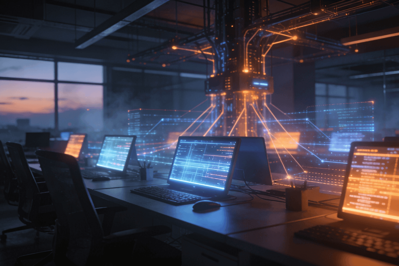 Modern empty office at sunset with glowing computer screens and overhead digital network lines, visualizing the fragmented landscape of unmanaged AI adoption inside enterprises.