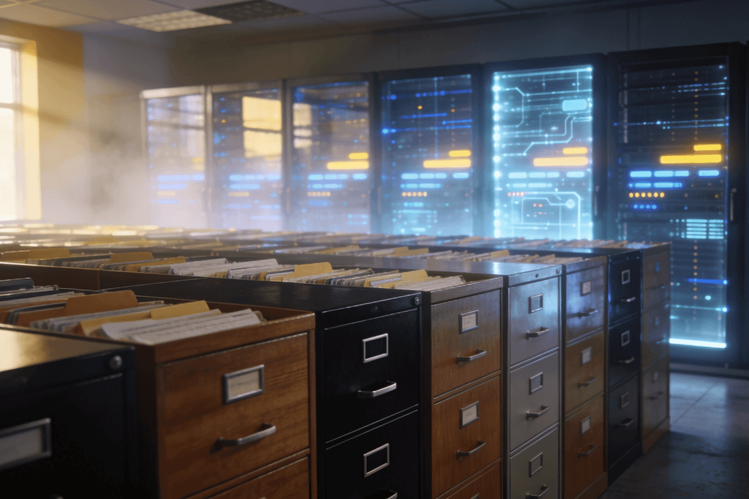 Modern office space with traditional metal file cabinets in the foreground giving way to luminous server towers behind, depicting institutional knowledge evolving from physical archives into intelligent digital systems.