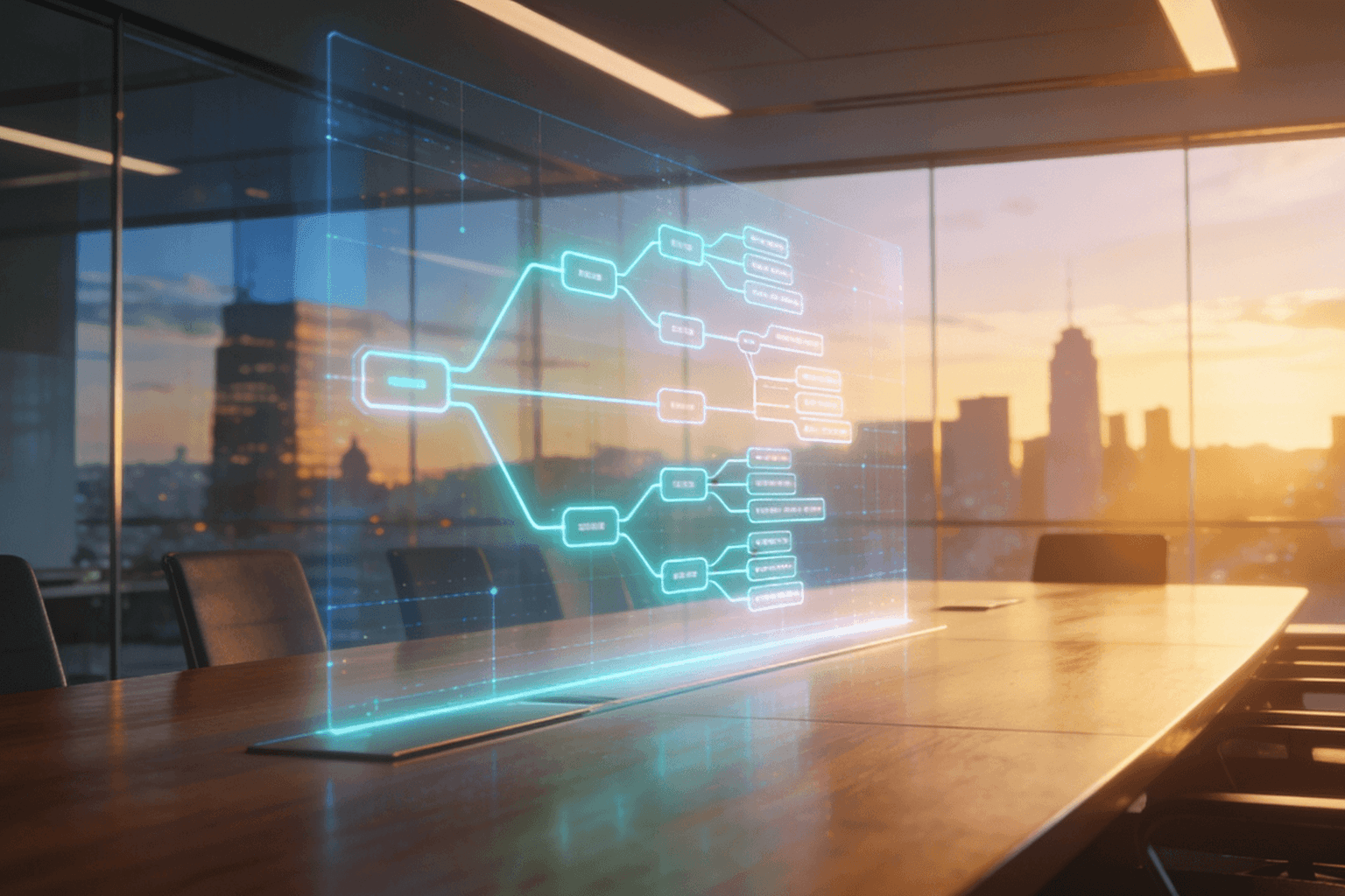 Sleek corporate meeting room featuring a transparent holographic flowchart with branching nodes illuminated in cyan, projected over a wooden table at sunset, symbolizing explainable AI decision logic.