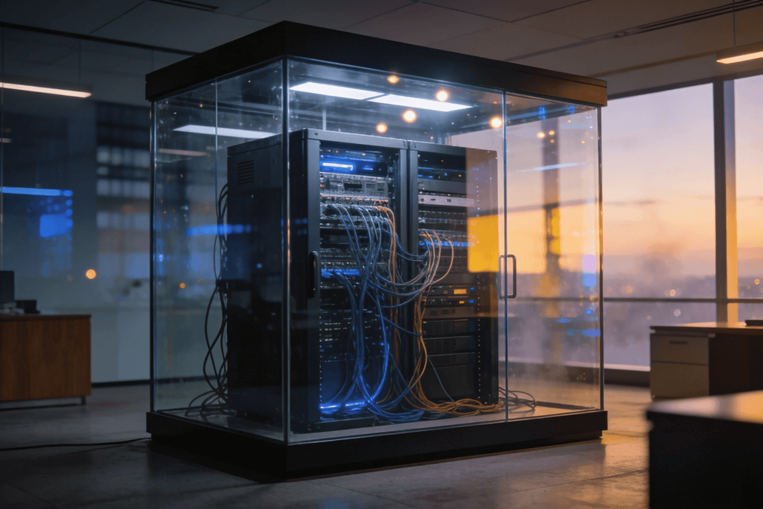 A high-performance server rack confined inside a small glass-walled enclosure within a modern corporate office at dusk, with dense cabling visible behind the transparent panels and a city skyline glowing in the background.