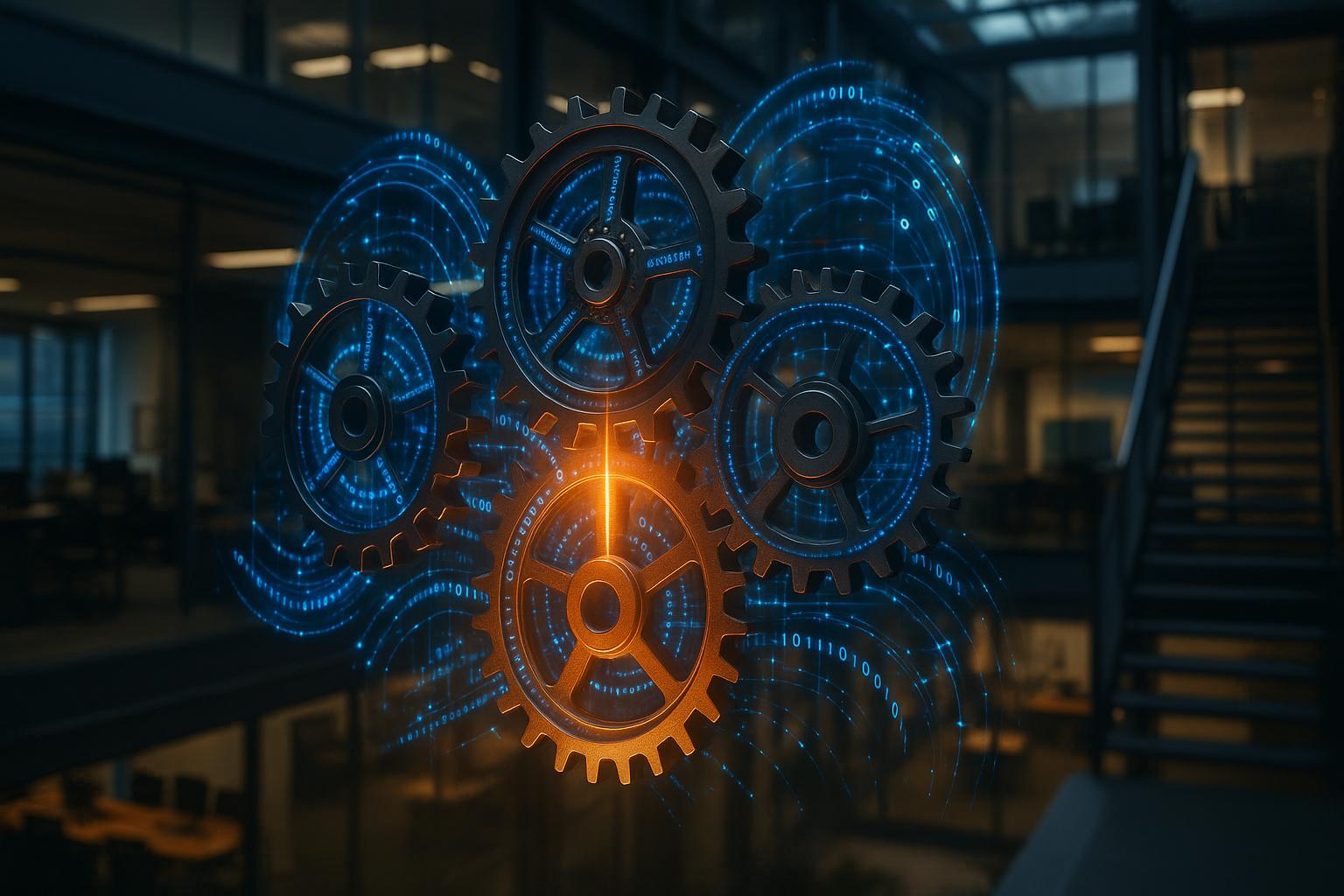 A detailed digital blueprint with glowing lines connecting operational components, illustrating iForAI's AI due diligence framework for enterprise readiness.