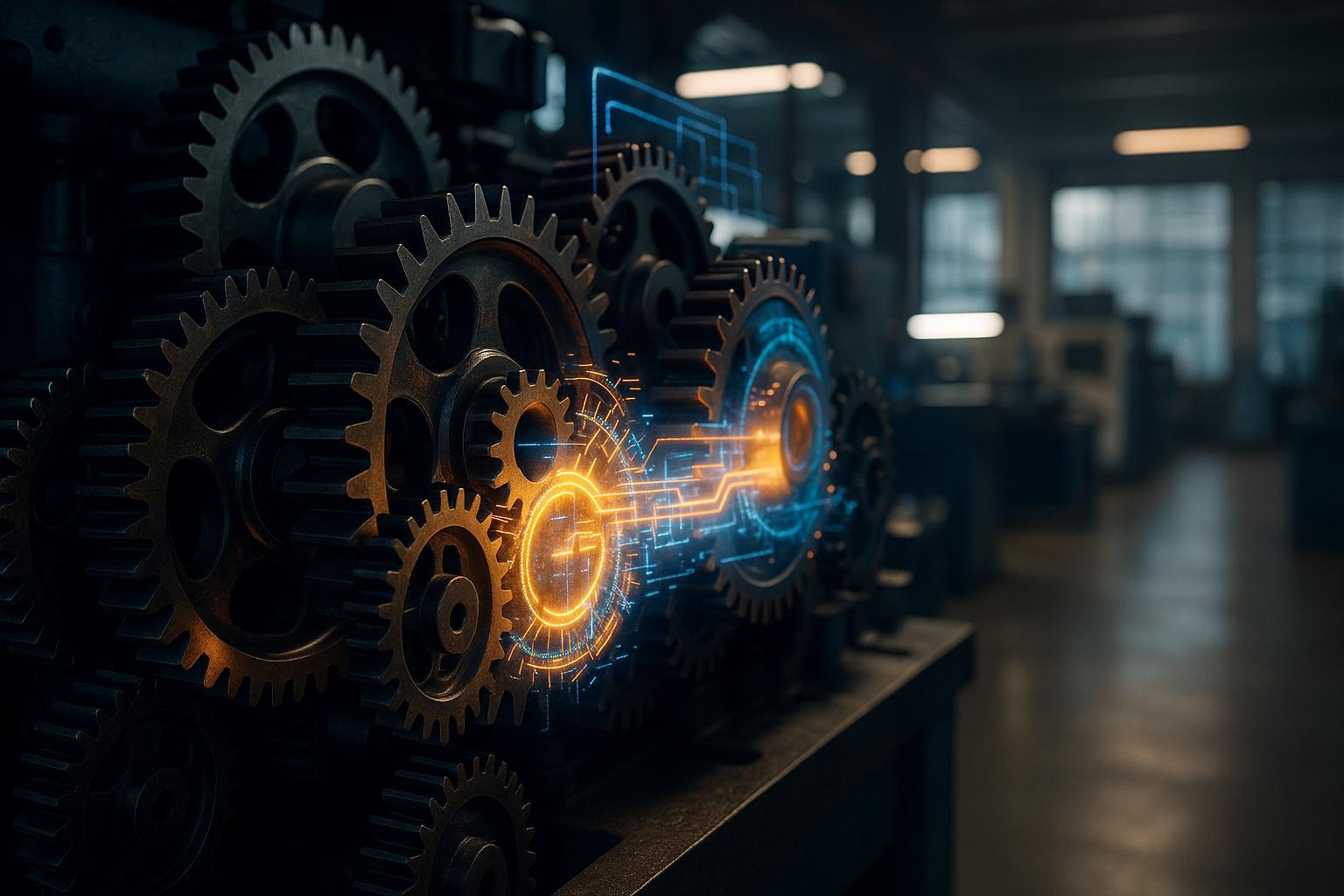 A glowing digital overlay of interconnected sensors and data streams on an industrial CNC machine, illustrating iForAI's predictive maintenance for legacy equipment.