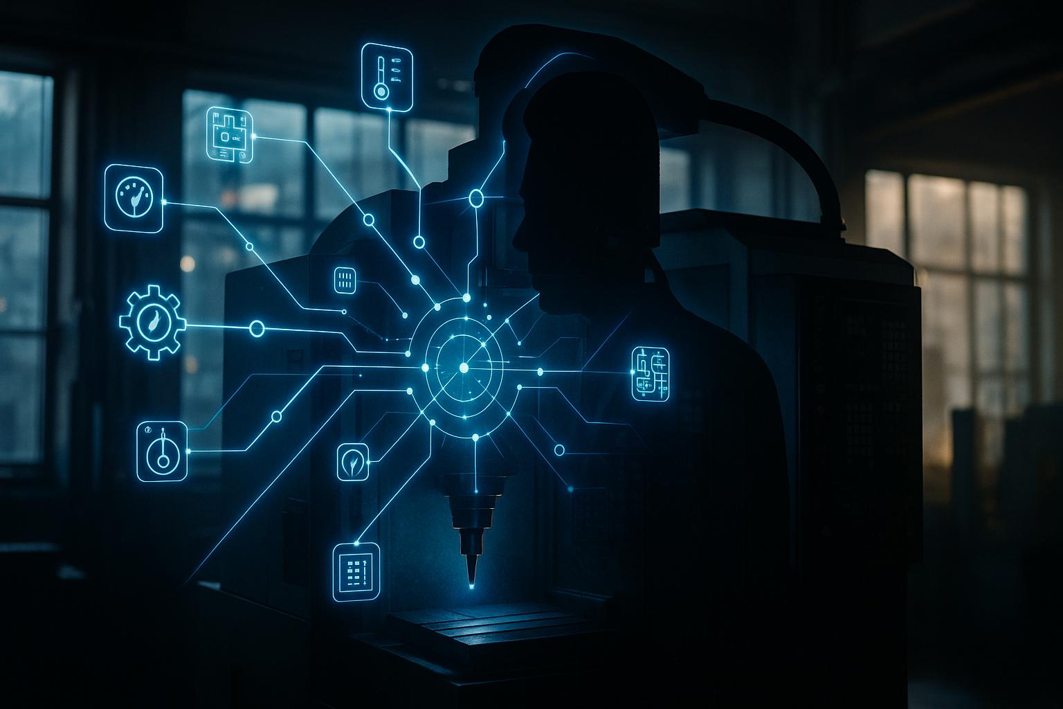 A complex network of industrial sensors and data streams converging into a glowing analytical core, representing real-time production insights for iForAI.