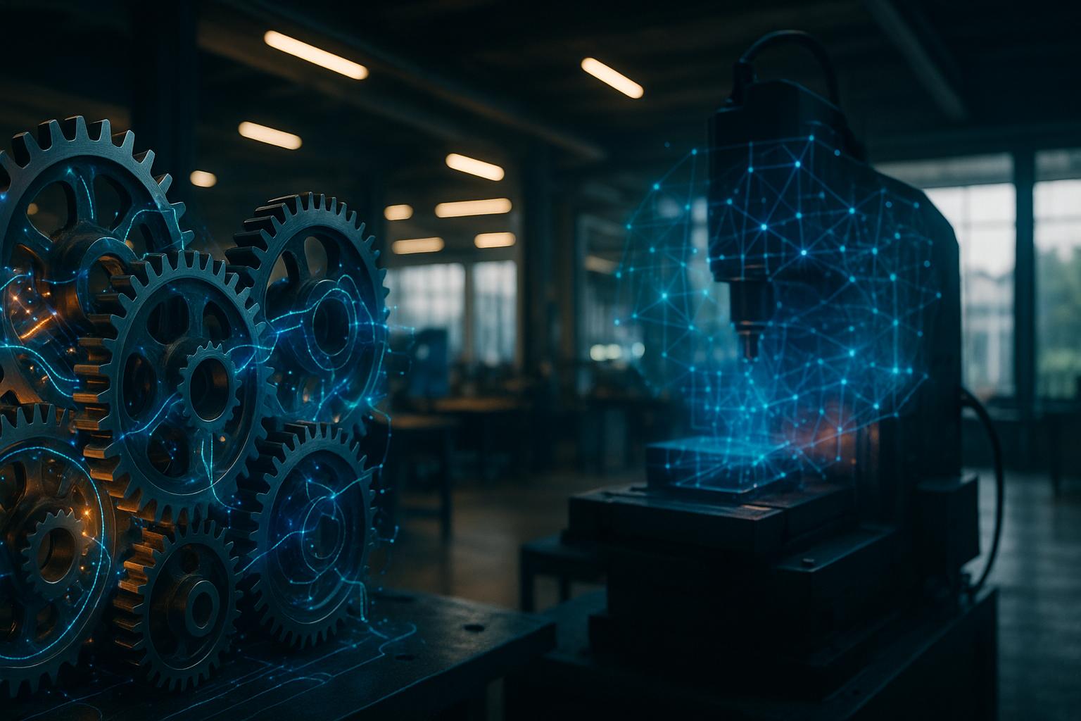 A complex network of interconnected gears and cogs, some glowing with digital data streams, representing iForAI's optimized manufacturing processes and real-time scheduling.