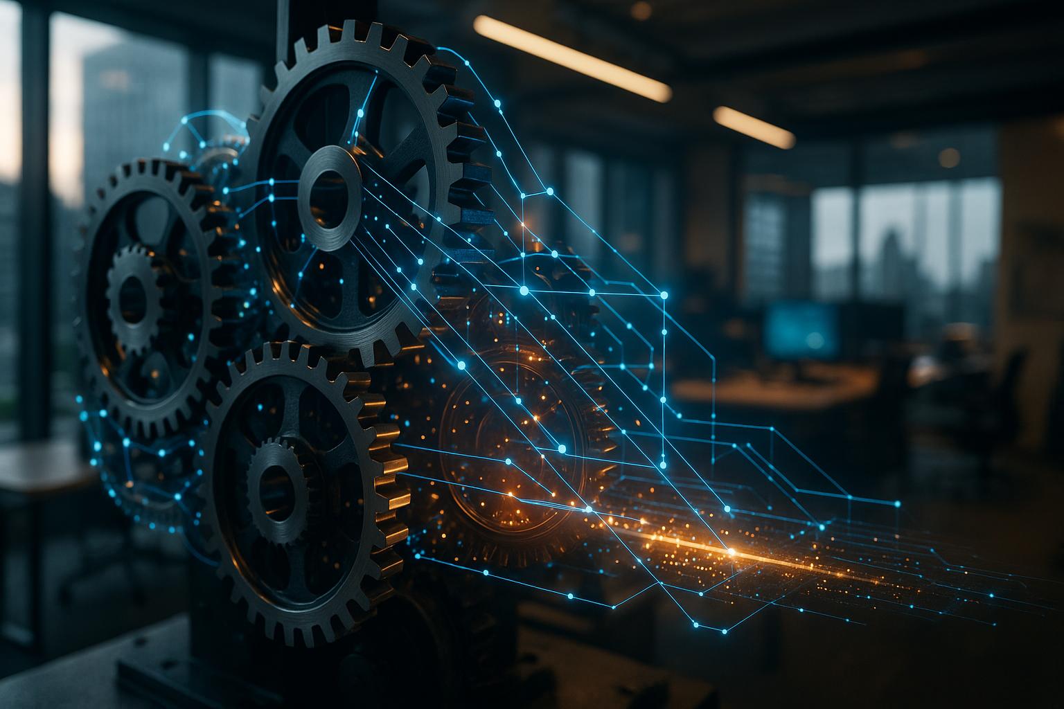 A complex, tangled knot of digital threads and data streams, with a glowing blade cutting through, symbolizing iForAI's simplification of SKU rationalization for manufacturers.