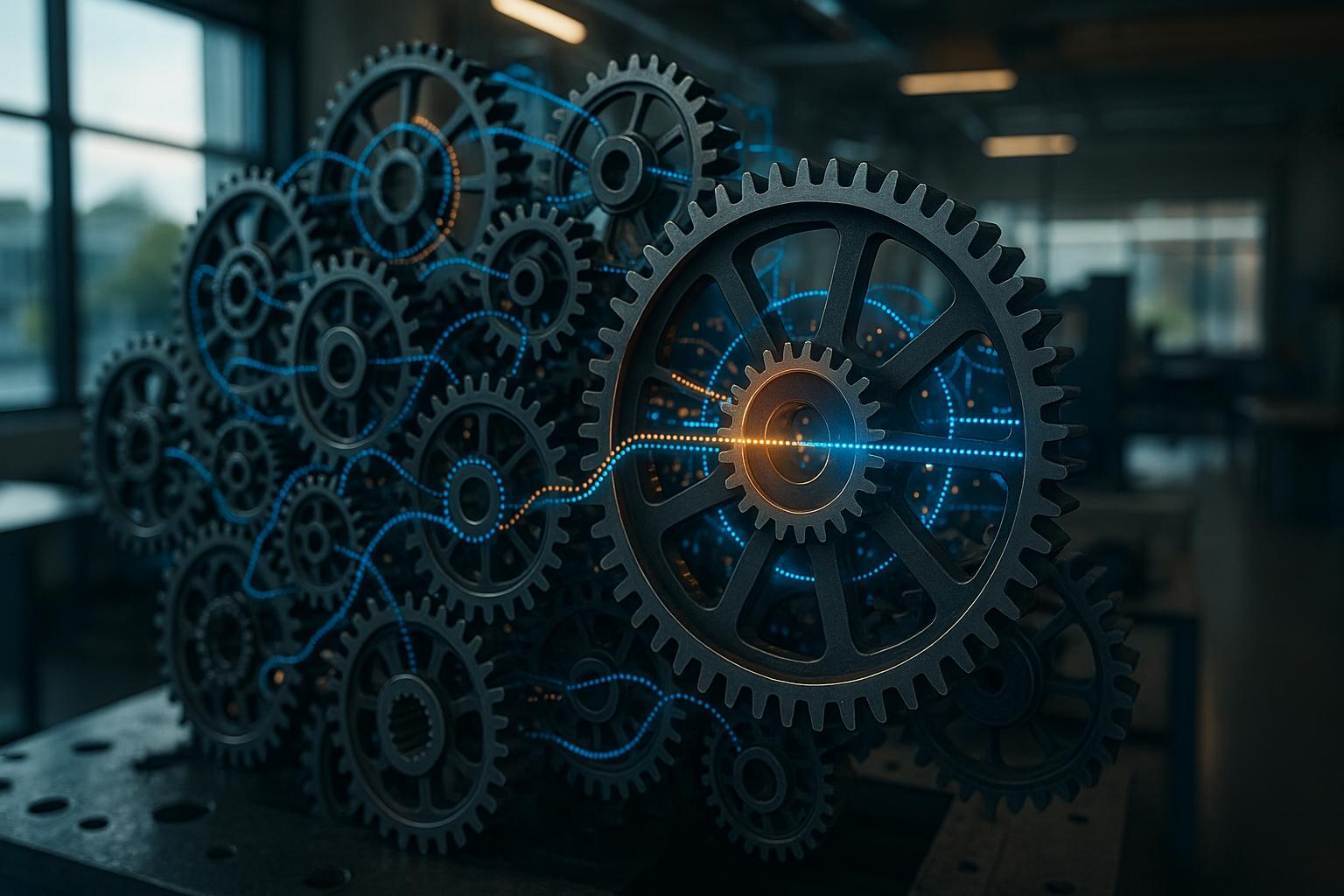 A complex digital network with a glowing central core, symbolizing iForAI's data harmonization for clear, unified operational visibility in enterprise systems.