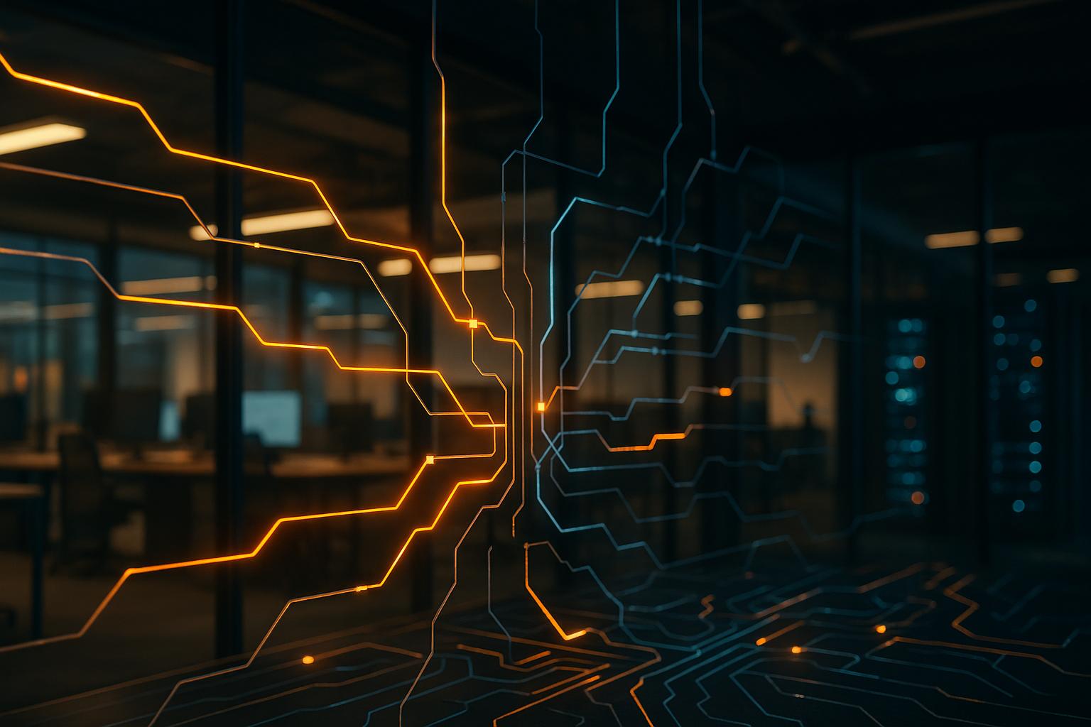 A digital network of glowing and dim pathways, representing the critical 'nervous system' of AI infrastructure and iForAI's focus on robust, connected systems.