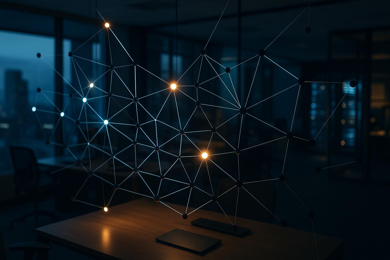 A glowing digital network showing fragmented, isolated nodes alongside interconnected, optimized pathways, illustrating iForAI's approach to integrating AI.