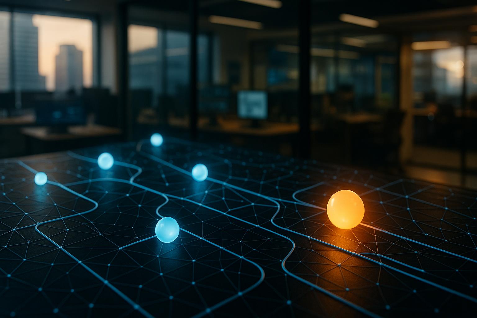 A network of interconnected nodes with glowing spheres moving autonomously, illustrating how iForAI's AI agents streamline software development workflows.