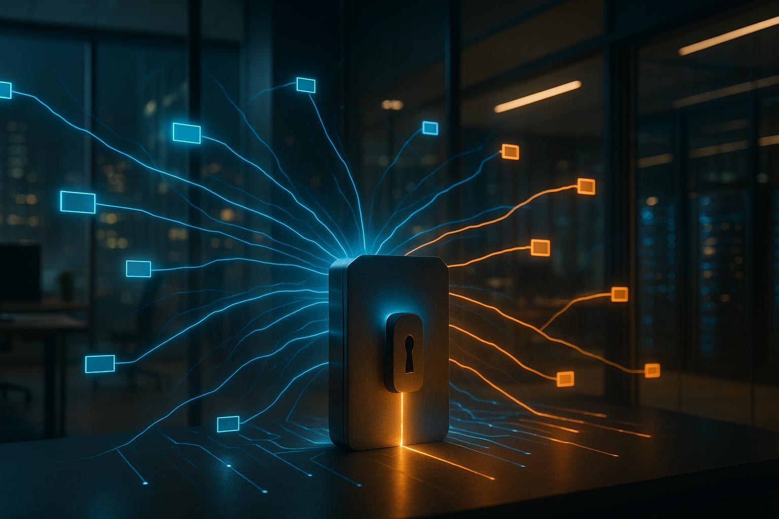 A glowing digital network with secure data flowing through a central gateway, illustrating how iForAI transforms 'Shadow AI' into scalable business impact.