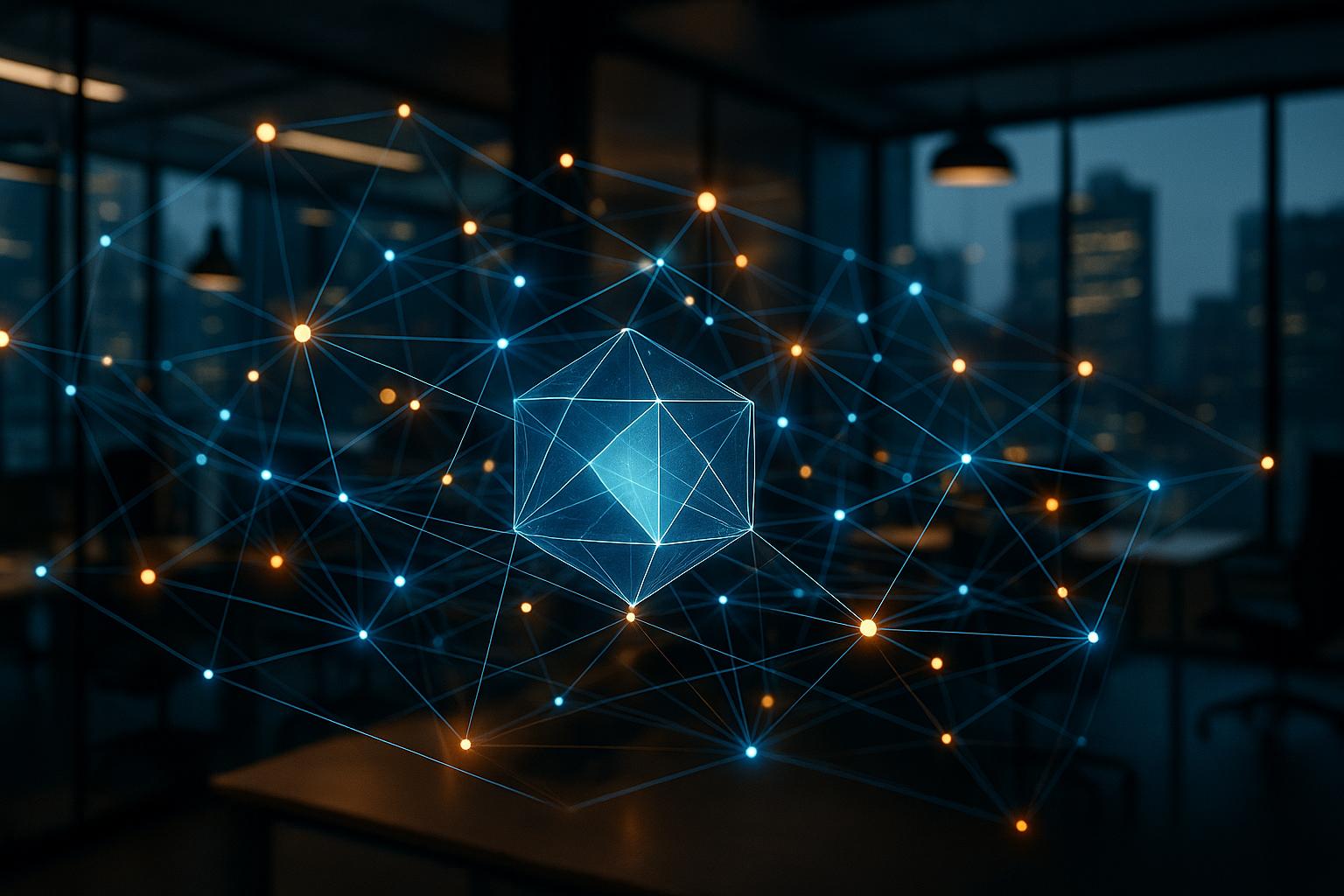 A complex network of glowing nodes and data streams, symbolizing robust AI observability infrastructure, ensuring stable and measurable iForAI enterprise AI systems.