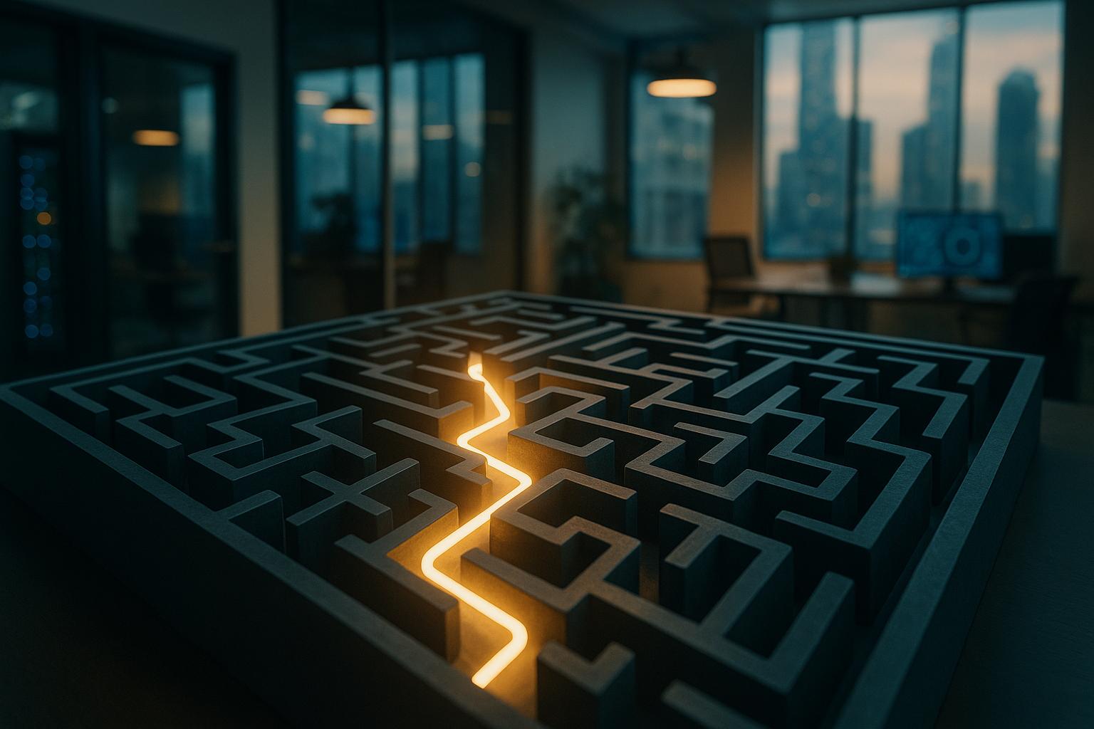 A glowing path cutting through a complex digital labyrinth, symbolizing iForAI's efficient navigation through enterprise AI governance and operational challenges.