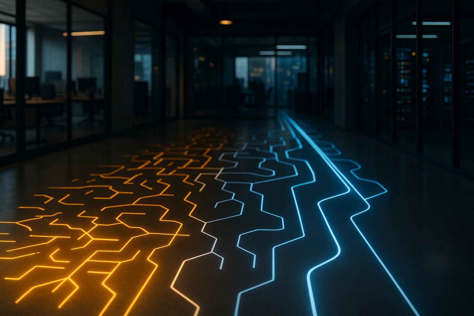 A digital roadmap with glowing pathways, transitioning from fragmented to streamlined, symbolizing successful iForAI implementation and overcoming pilot purgatory.