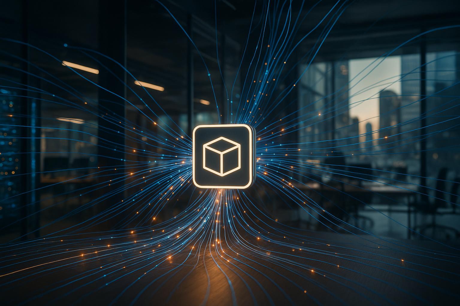 A digital network with glowing data streams converging into a robust product icon, symbolizing iForAI's transition from AI ideas to measurable business impact.
