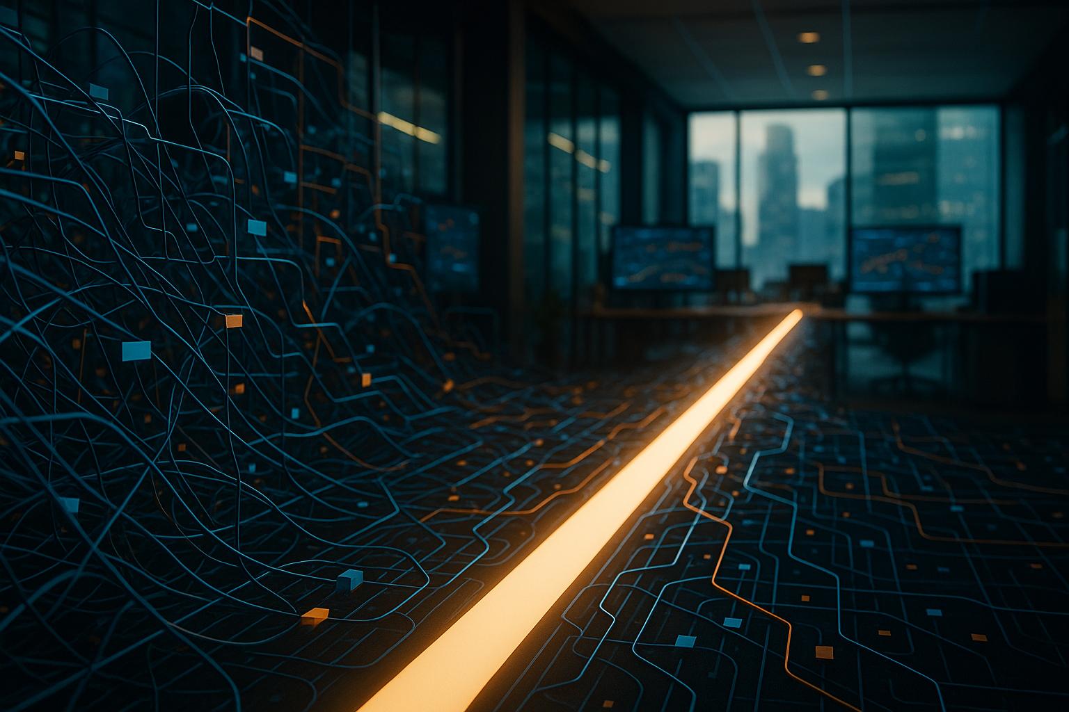 A tangled network of digital data streams with a clear path, symbolizing iForAI's approach to overcoming data integration challenges in AI talent evaluation.