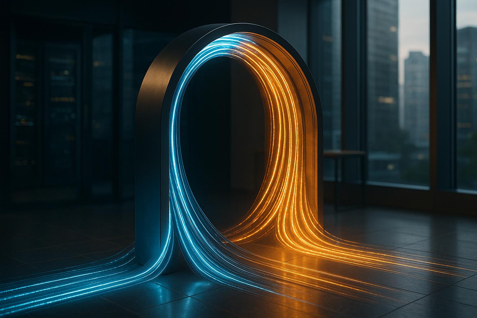 A digital gateway archway with data streams flowing through it, symbolizing iForAI's smart model routing for optimized AI infrastructure and cost control.