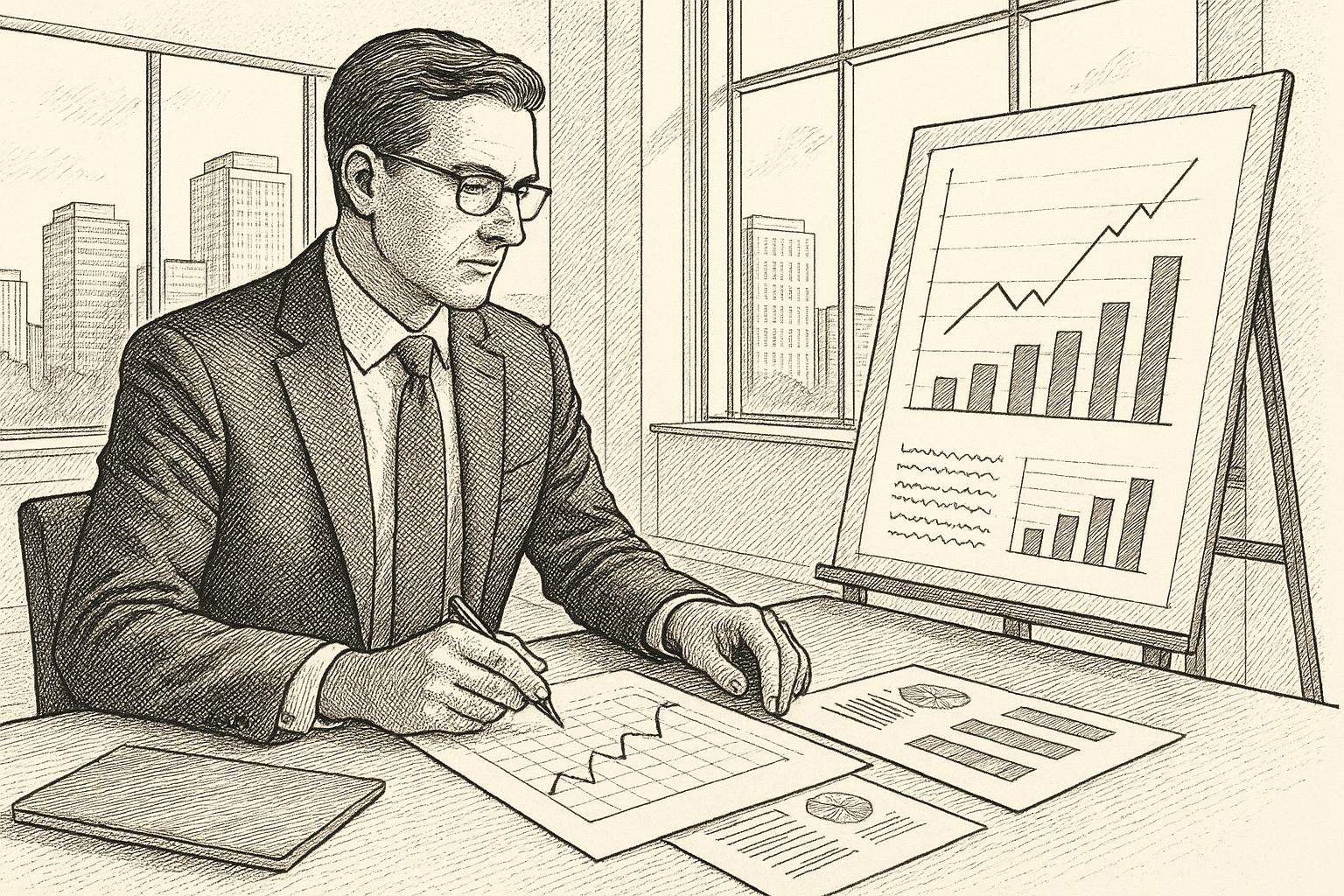 An operations manager analyzing data on a financial dashboard, representing iForAI's precise inventory optimization for manufacturing control and efficiency.