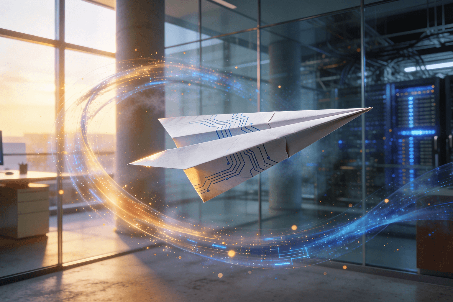 Fragile paper airplane with printed circuit patterns floats inside a modern glass-walled office, meeting a turbulent flow of warm and blue data particles.