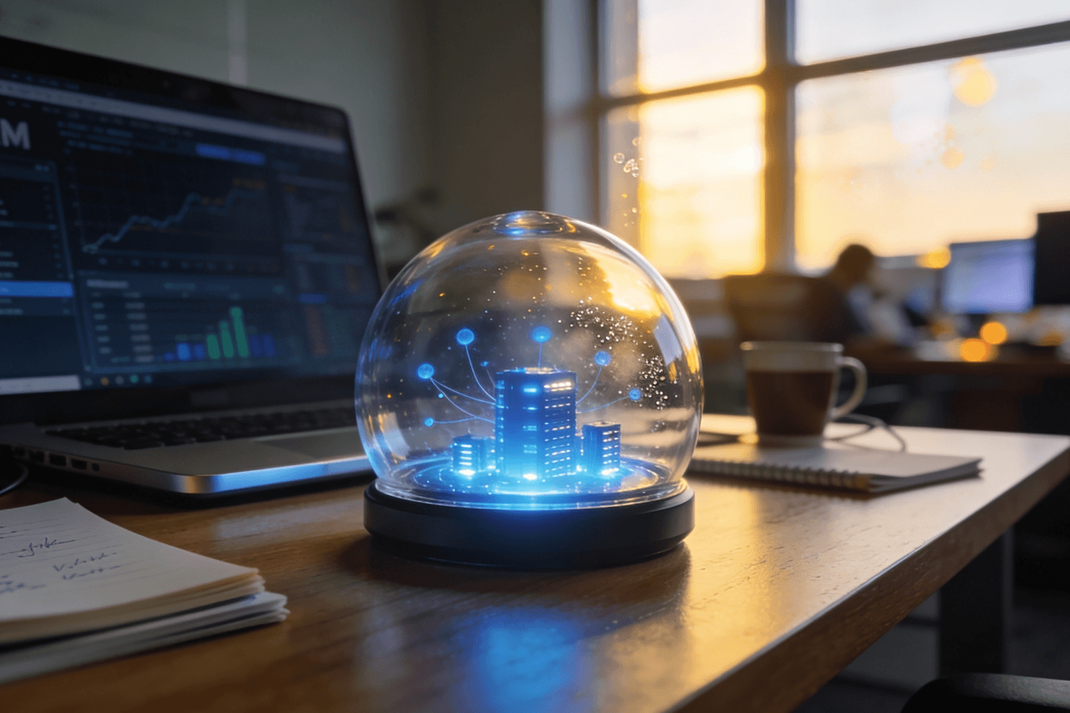 Glass dome on a wooden desk holding a miniature glowing AI system, set against a soft-focus modern office representing real production environments.