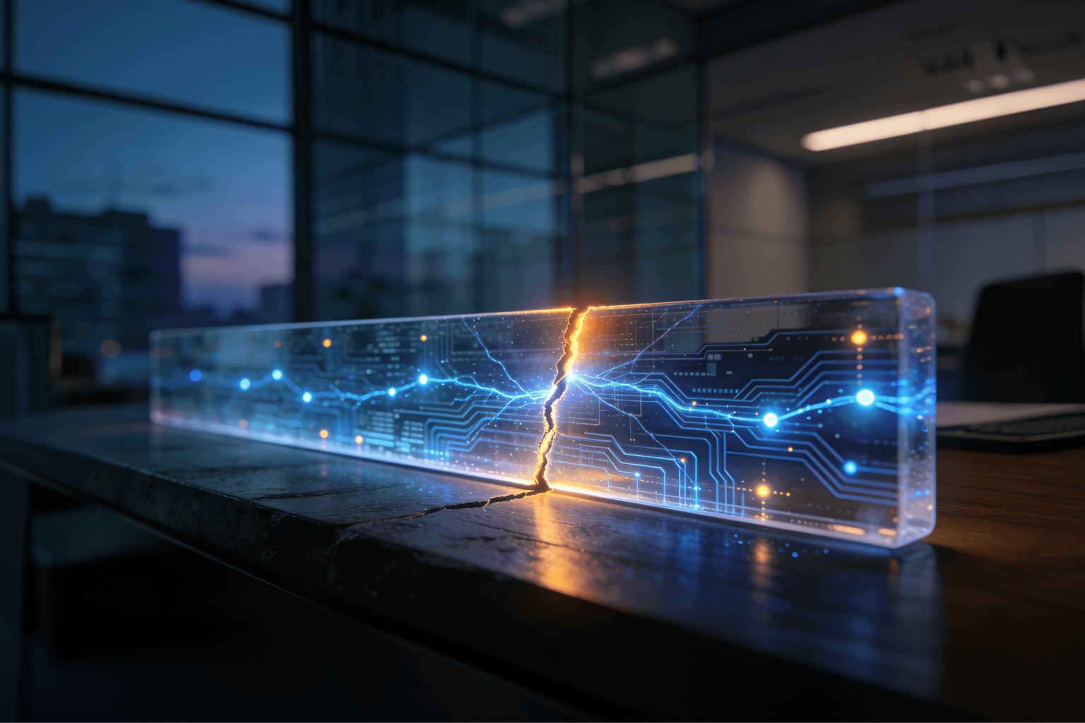 Translucent engineered panel repairs itself in real time as glowing threads of light weave across a small fracture, representing self-healing AI systems.