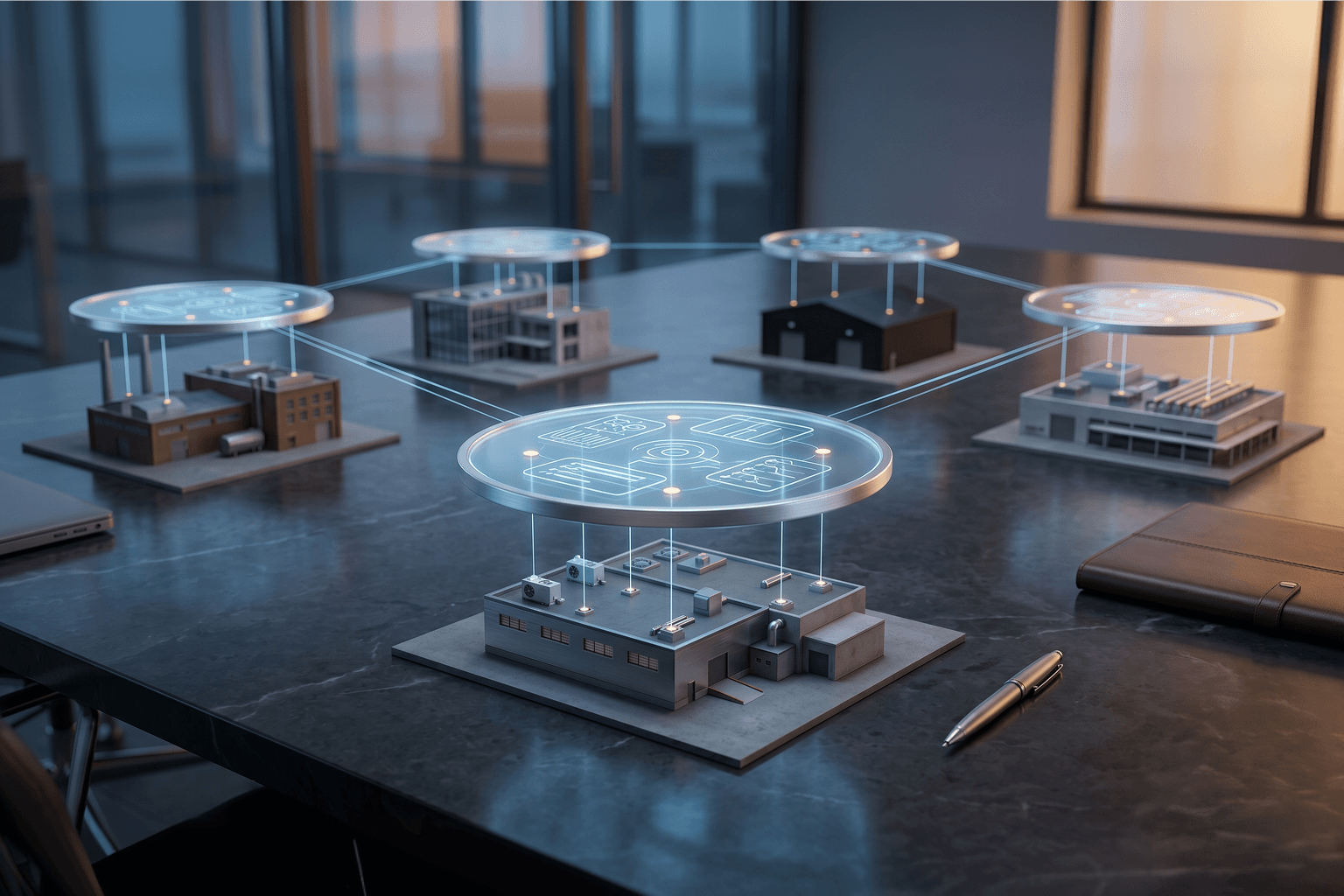 Foreground pilot facility model under a glowing Golden Image disc, with diverse facility models receding into background depth, visualizing AI pilot scaling.
