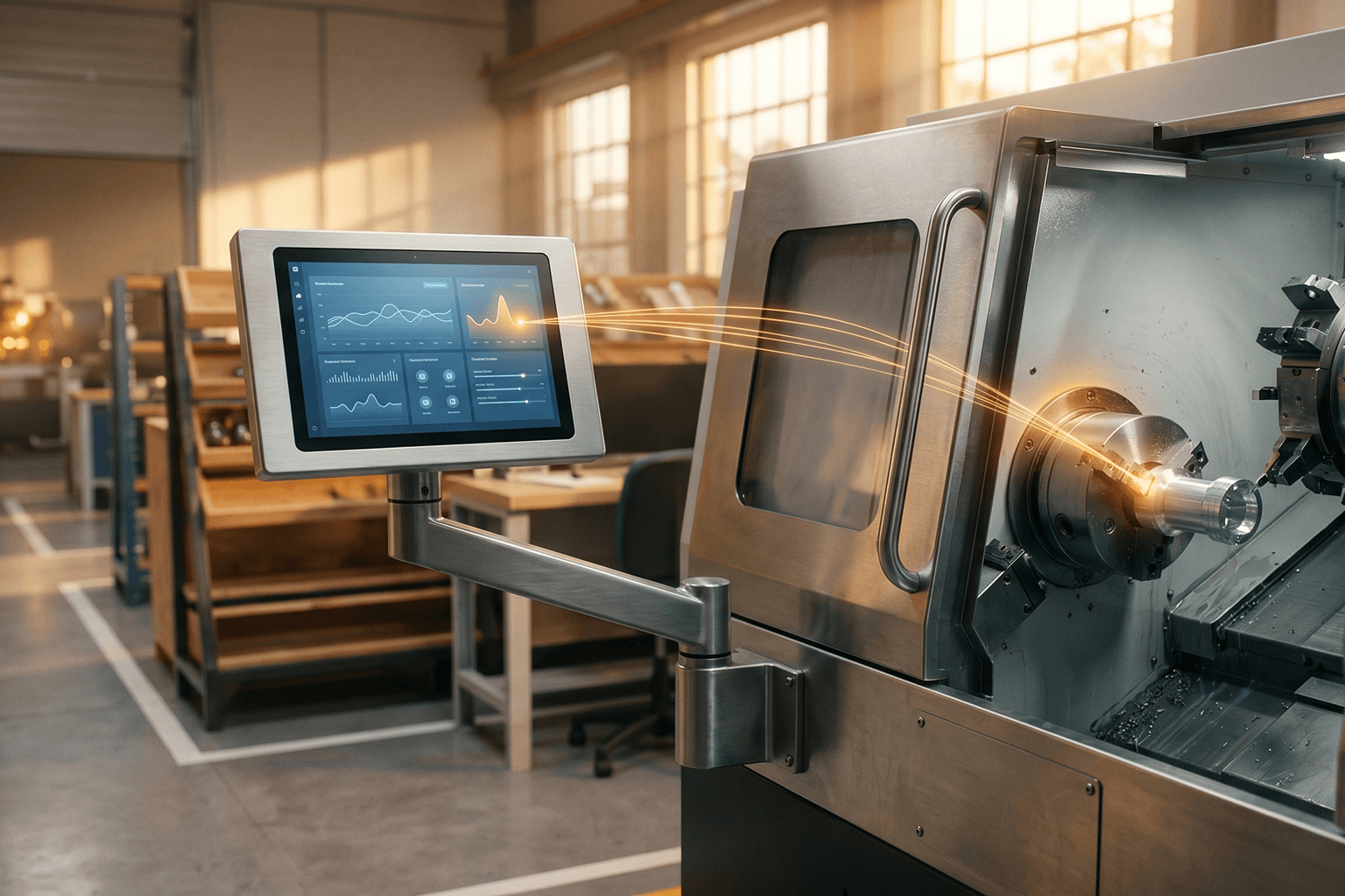 Real CNC machine in a manufacturing shop with a glowing amber root-cause point connected by luminous threads to a tablet workstation displaying production data.