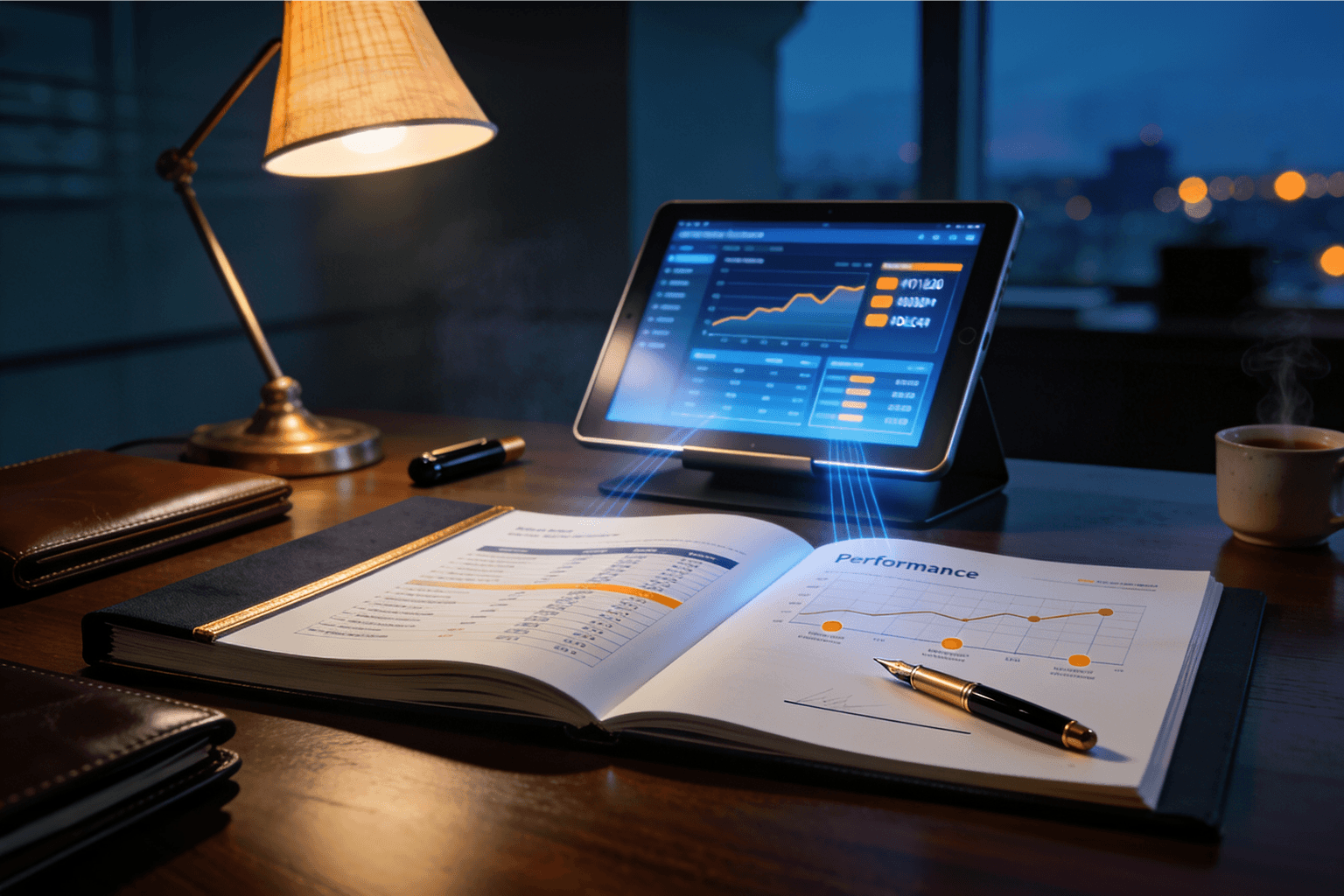 Open Portfolio CEO exit dossier with operational performance pages beside a live-data tablet workstation on a walnut desk, illuminated by a warm brass lamp.