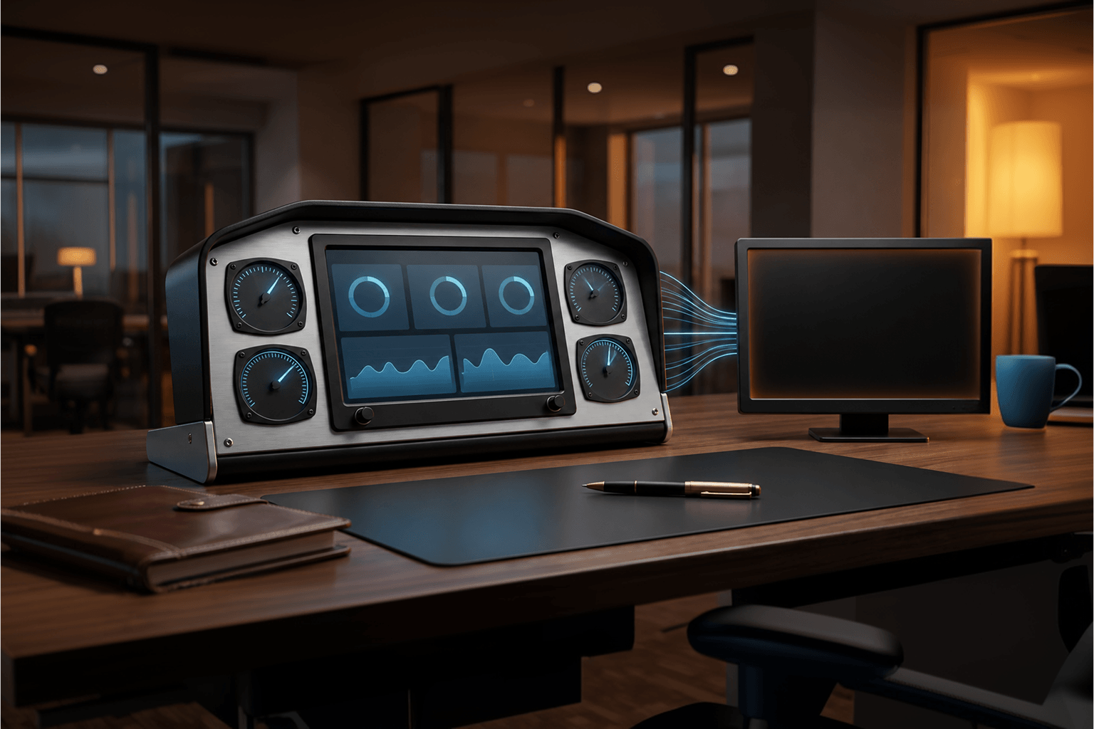 Instrumented cockpit-style AI dashboard glows with calm observability data beside a darkened opaque black-box monitor, visualizing the CTO's infrastructure decision.