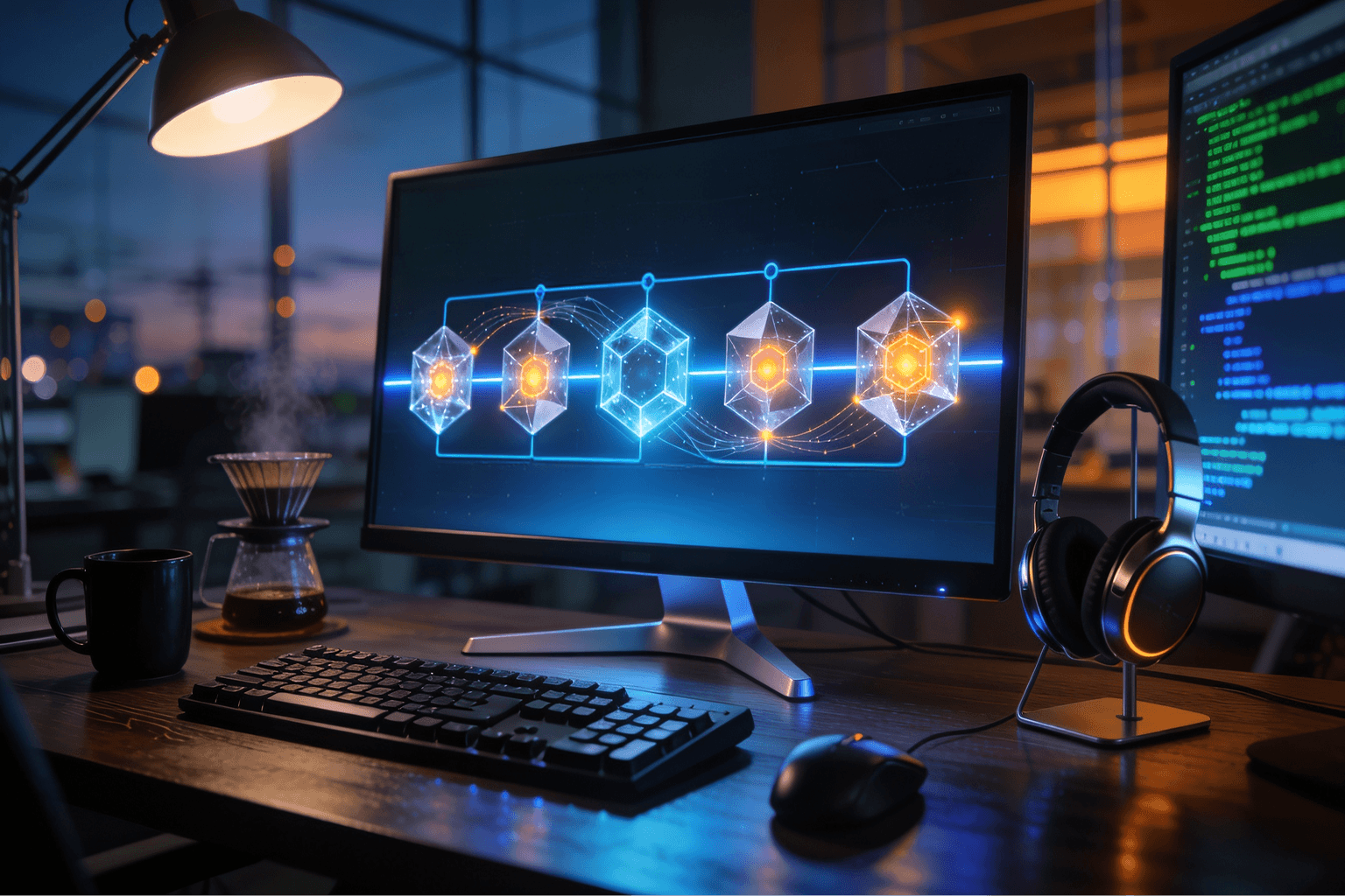 Modern developer workspace with a monitor showing five SDLC stages connected by luminous threads, each hosting an autonomous AI agent visualized as a glowing node.