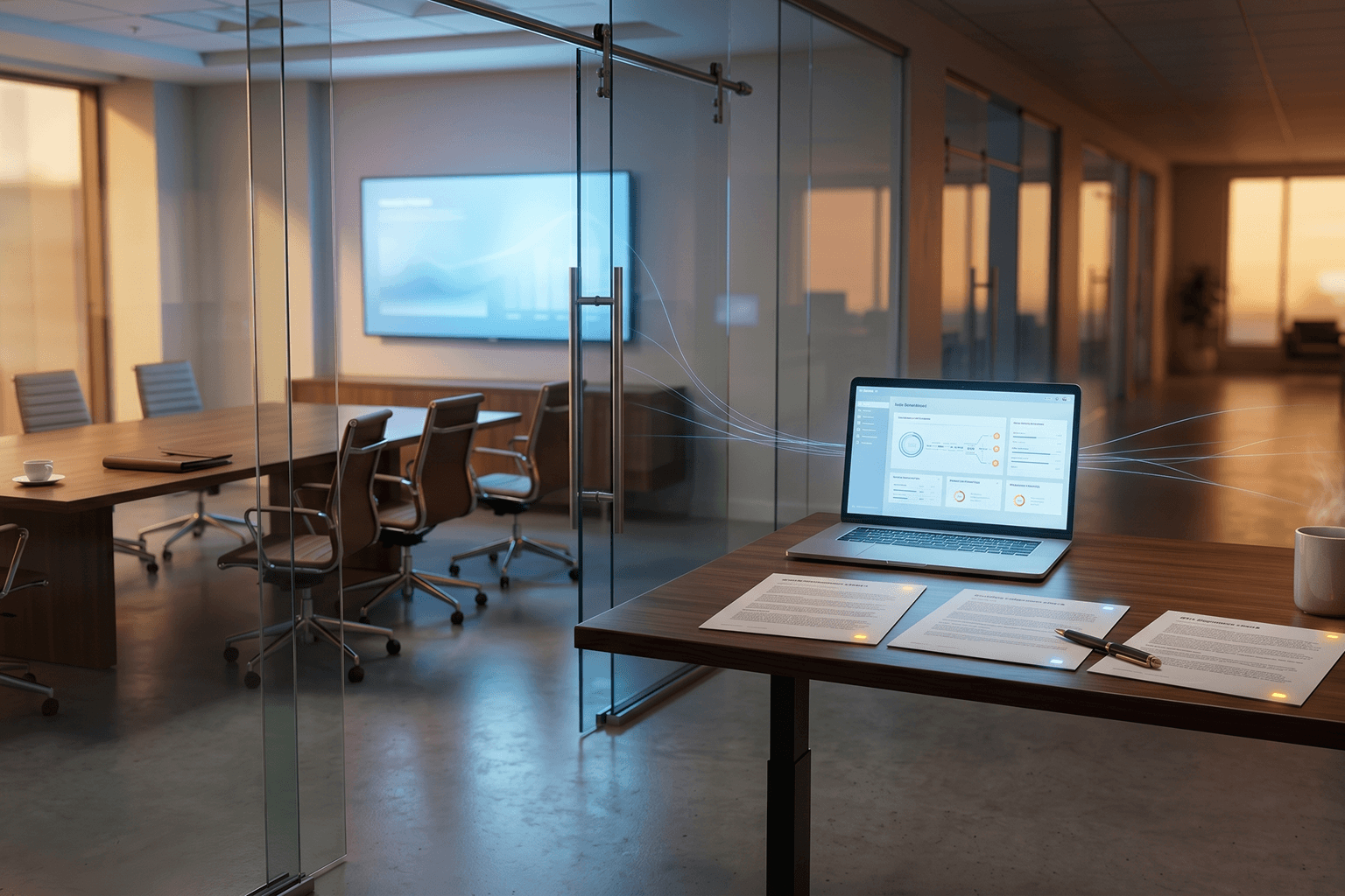 Product owner's standing desk with laptop dashboard and three readiness-check documents in front of an empty glass-walled demo room in a modern mid-market office.