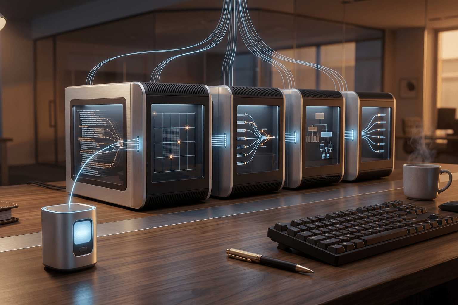 Small foreground AI assistant device contrasted against a five-module autonomous agent engine running coordinated software delivery work on a CTO's workspace.