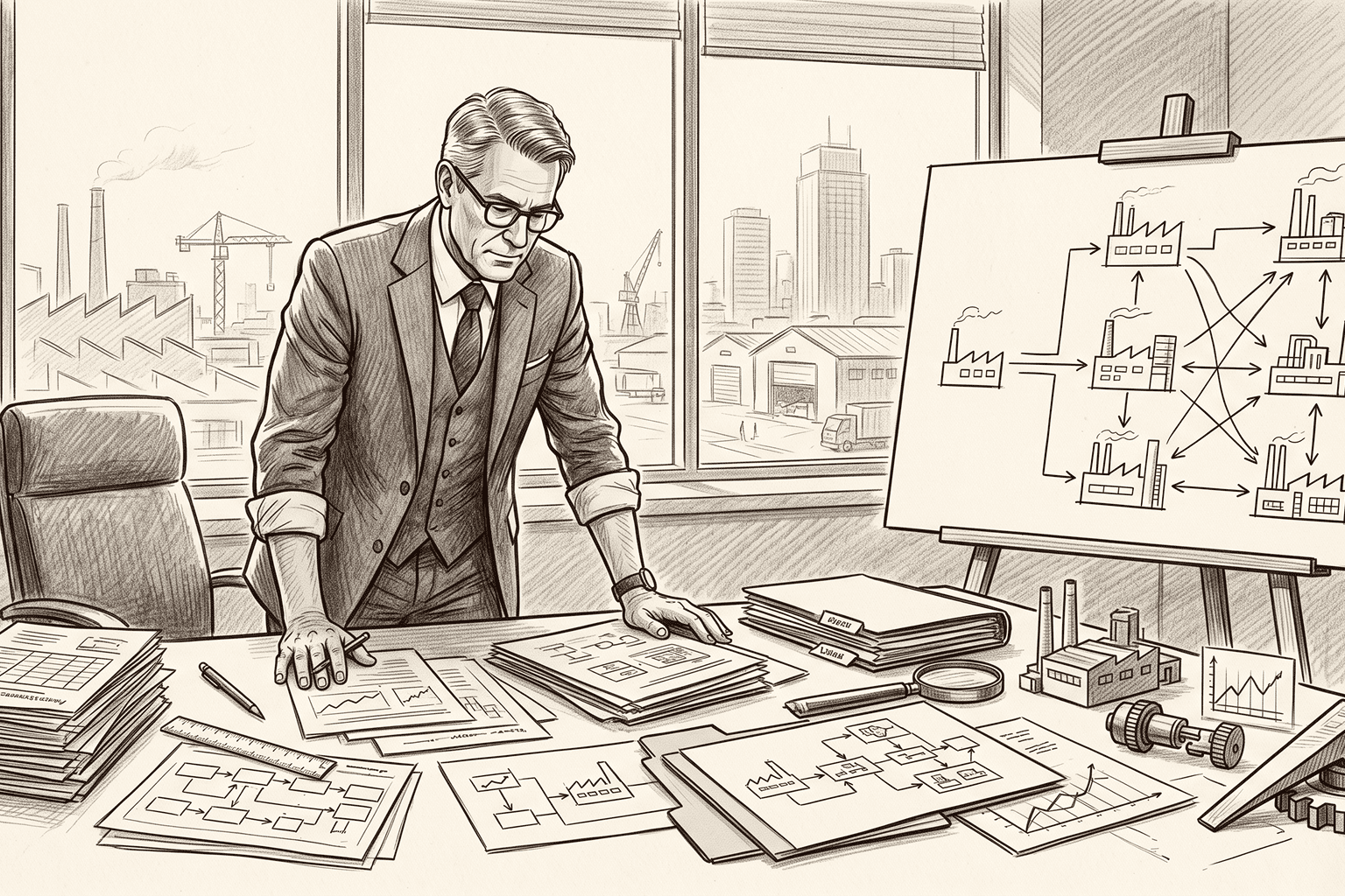 Editorial pencil sketch of a Private Equity Operating Partner at his desk with a portfolio replication blueprint easel beside him and an industrial cityscape.